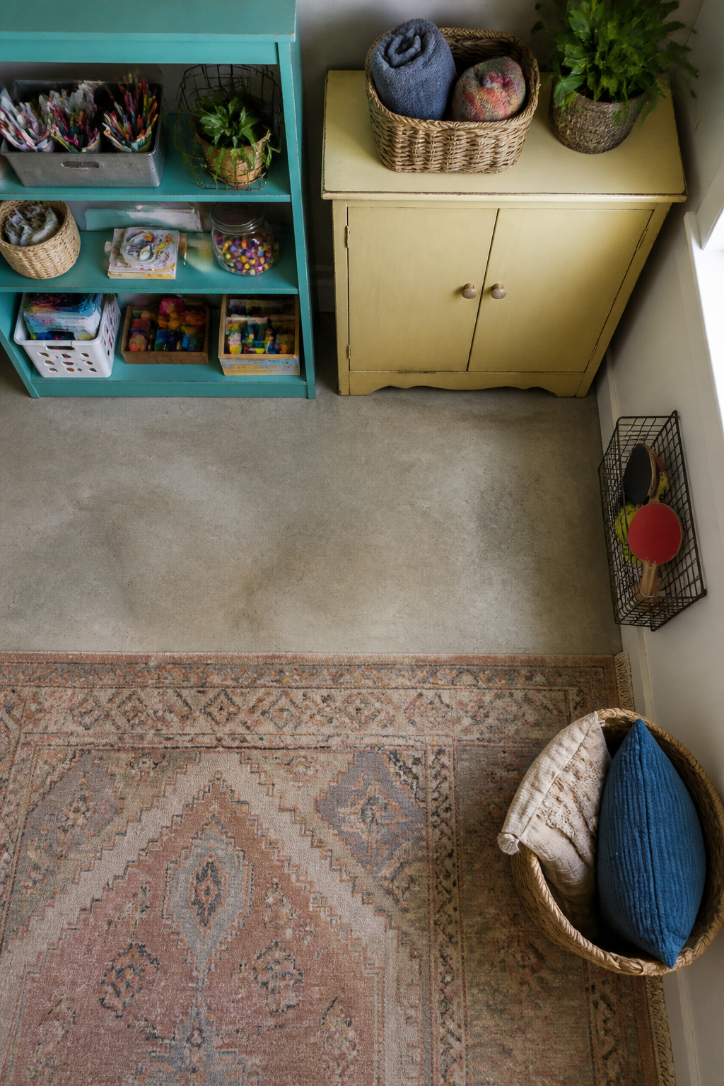 9 DIY Basement Makeover Ideas on a Budget for 2026 6 A basement showcasing various thrifted shelves and storage solutions.