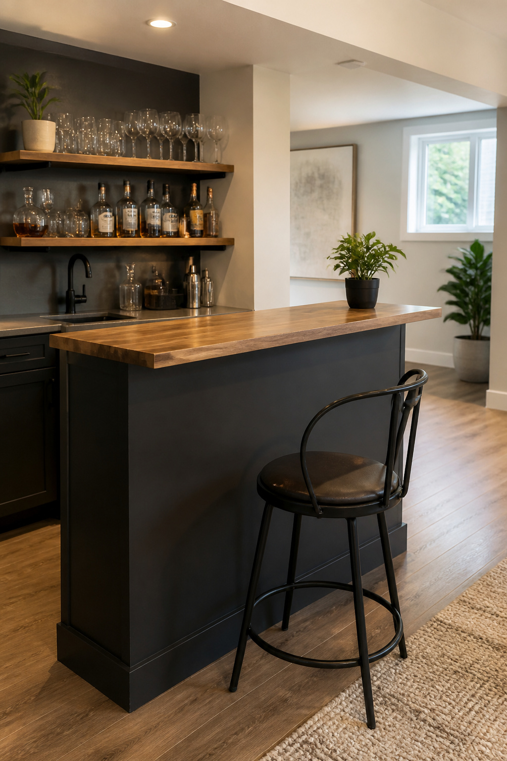 9 DIY Basement Makeover Ideas on a Budget for 2026 7 A beautifully crafted wet bar with a maple butcher block countertop in a basement.