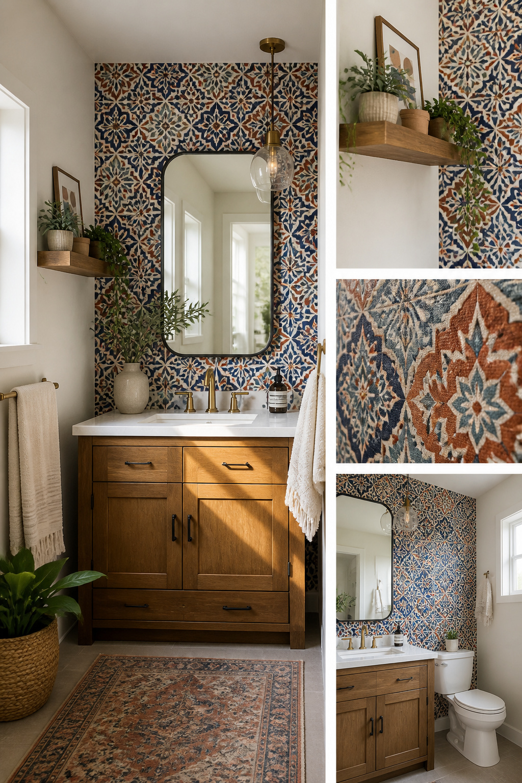 Peel-and-stick wallpaper applied to a bathroom wall.