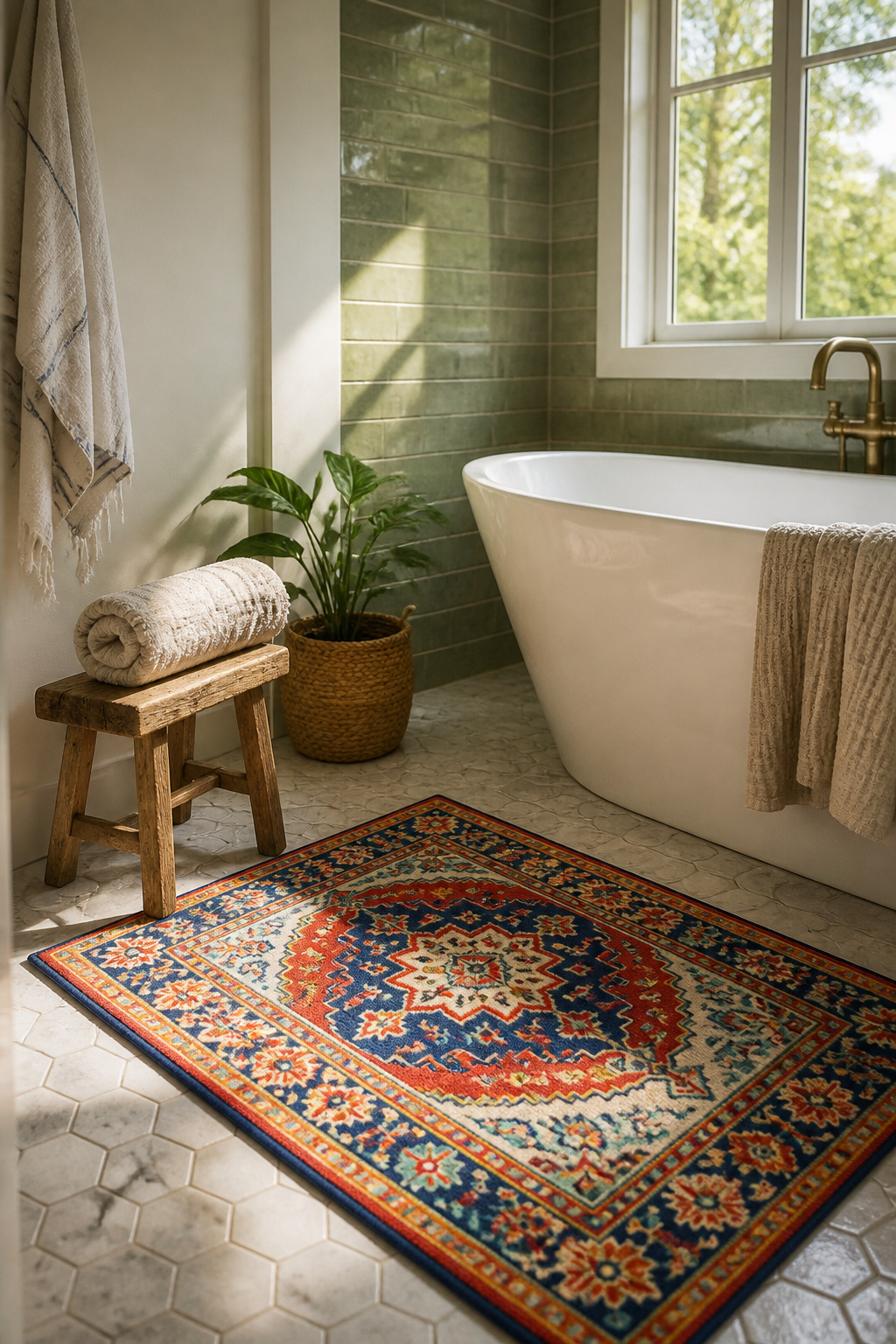 Brightly patterned accent rug placed at the foot of a bathtub.