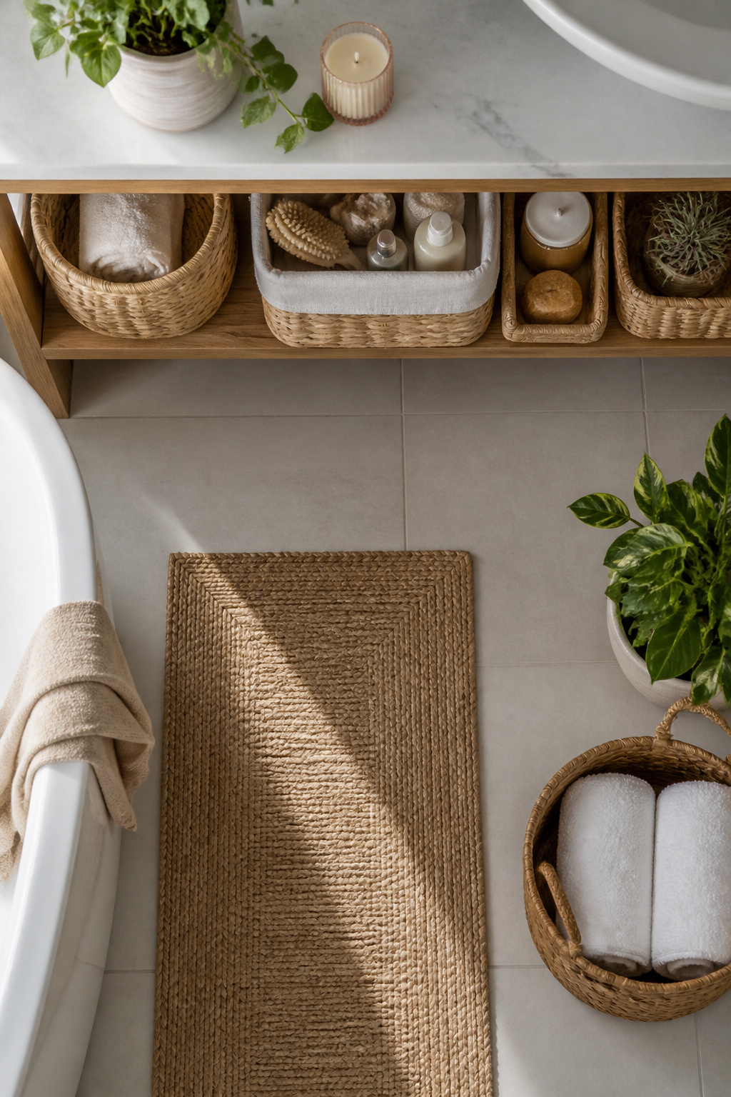 Baskets and bins organized neatly on bathroom shelves.
