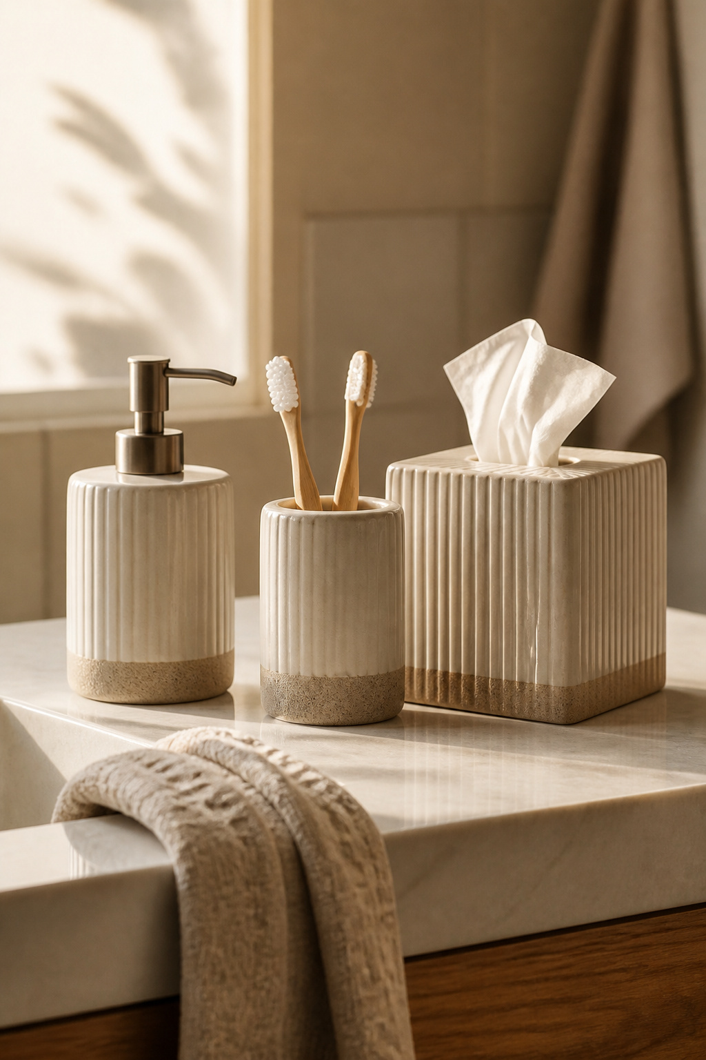 Matching soap dispenser and toothbrush holder on a bathroom counter.