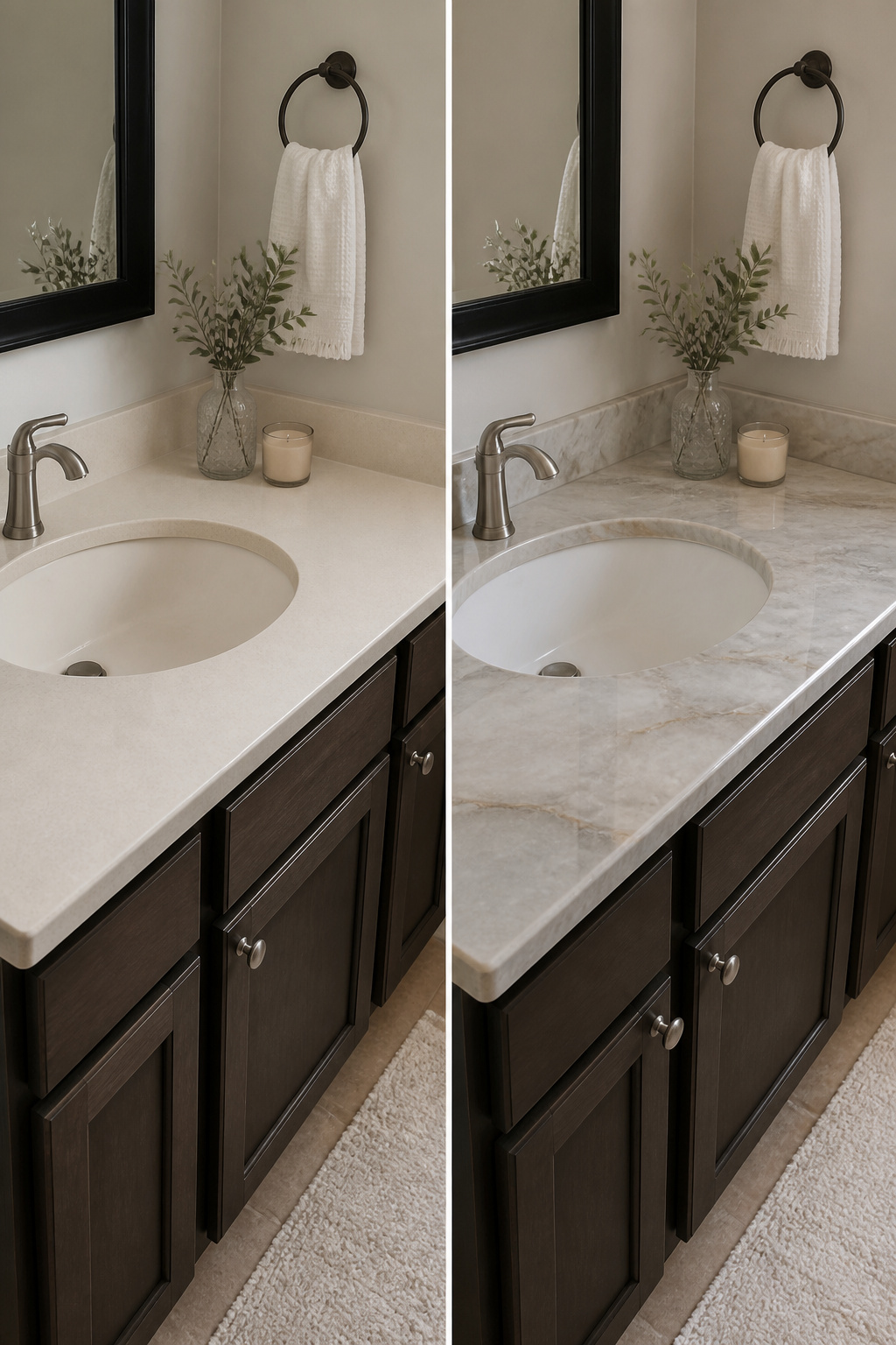 Countertop refinishing kit displayed beside an updated bathroom sink.