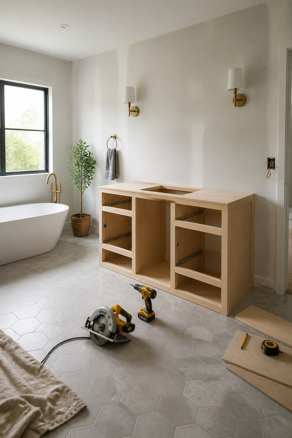 A DIY bathroom vanity constructed from plywood and stain.