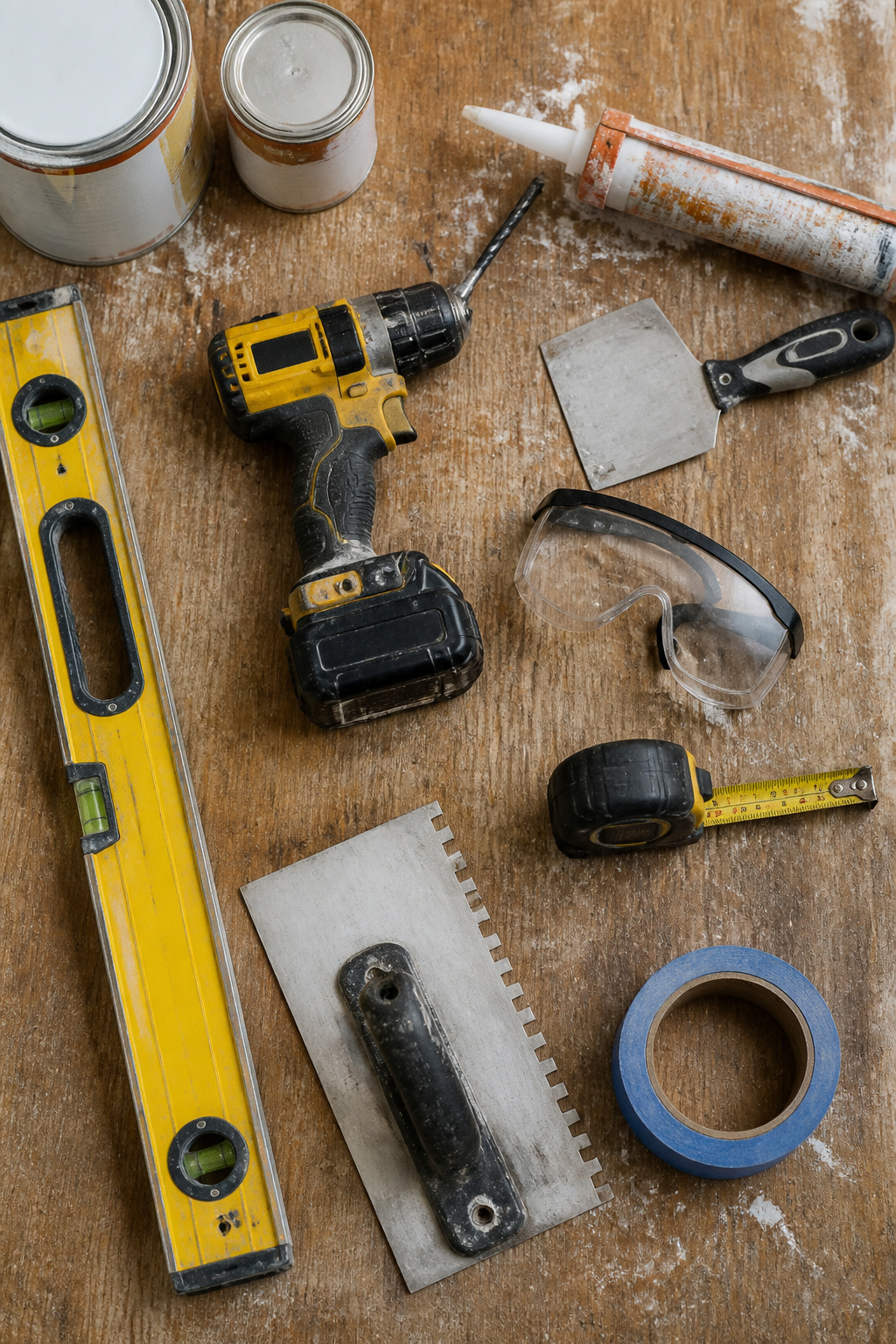 Tools laid out for a DIY bathroom project.