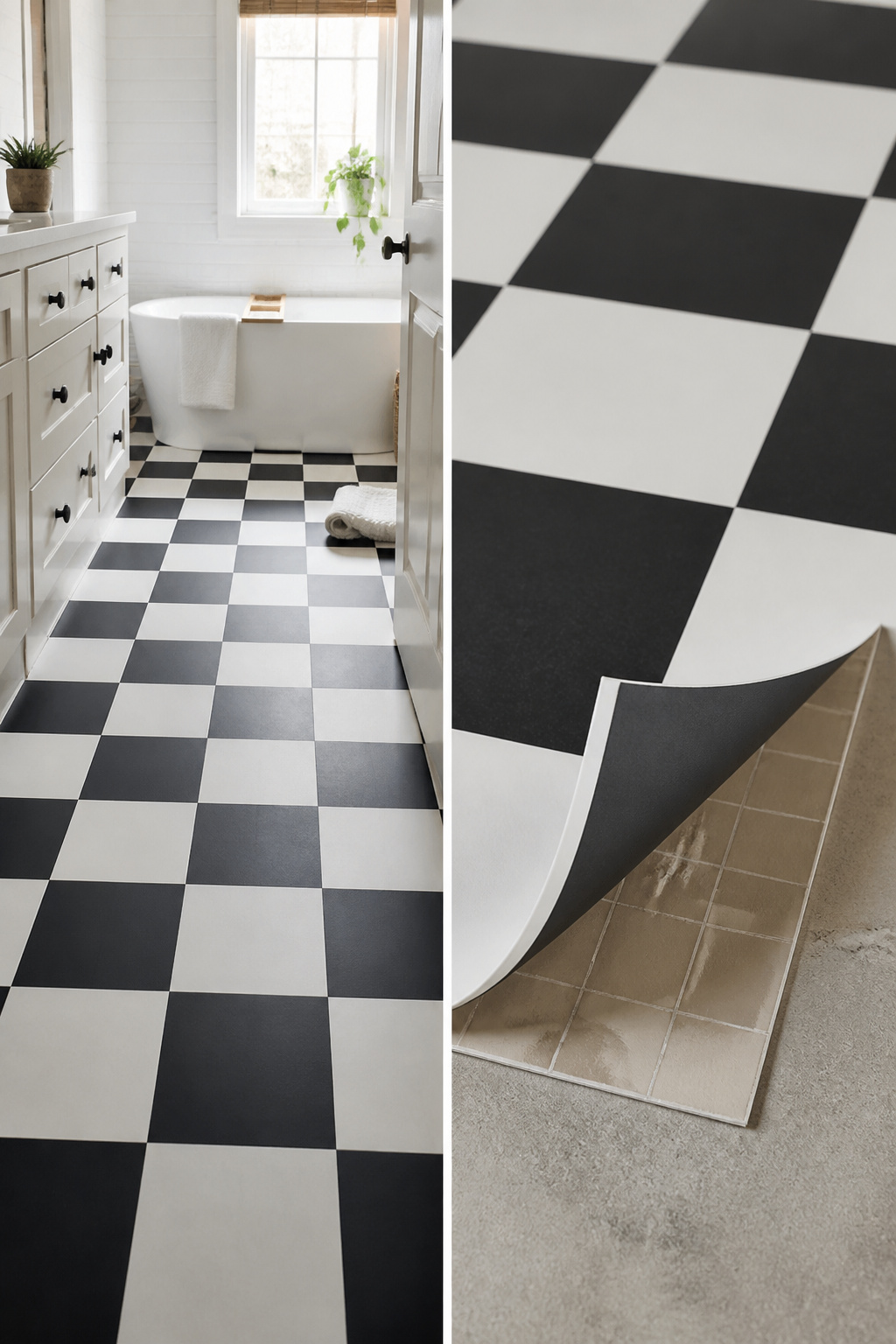 Peel-and-stick vinyl floor tiles laid out in a bathroom.
