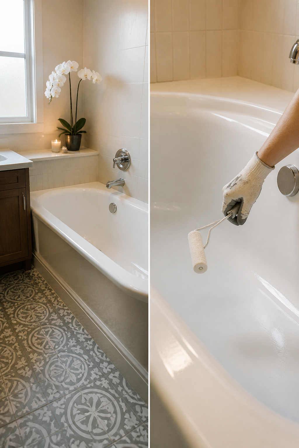 A bathtub being refinished with a reglazing kit.