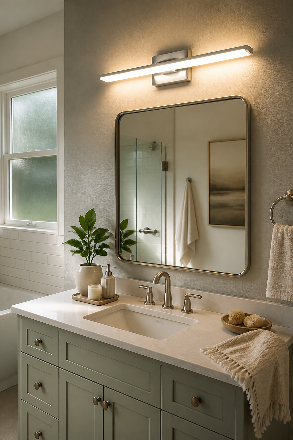 A modern LED light fixture installed in a bathroom.