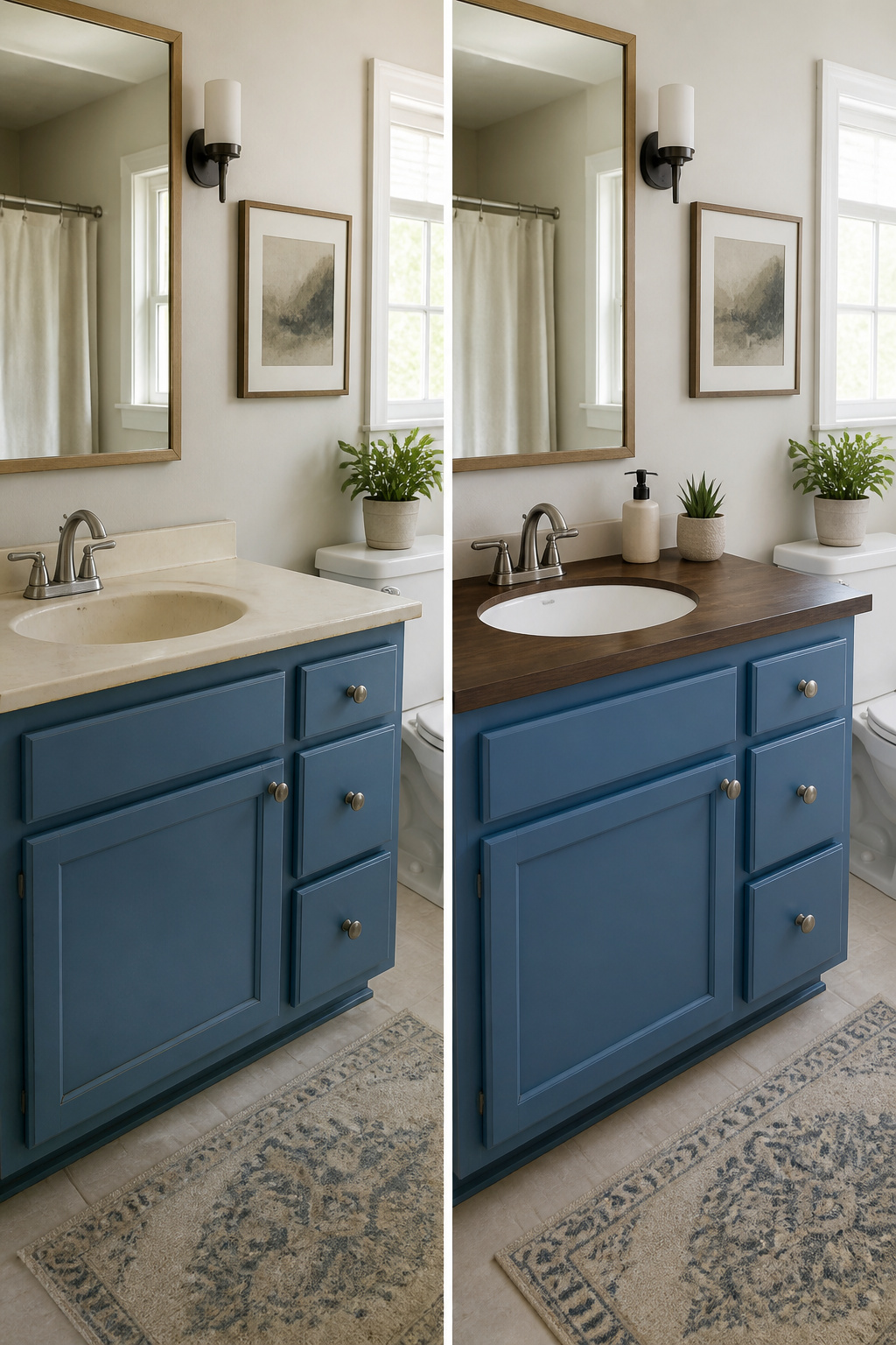A bathroom vanity updated with paint and a new top.