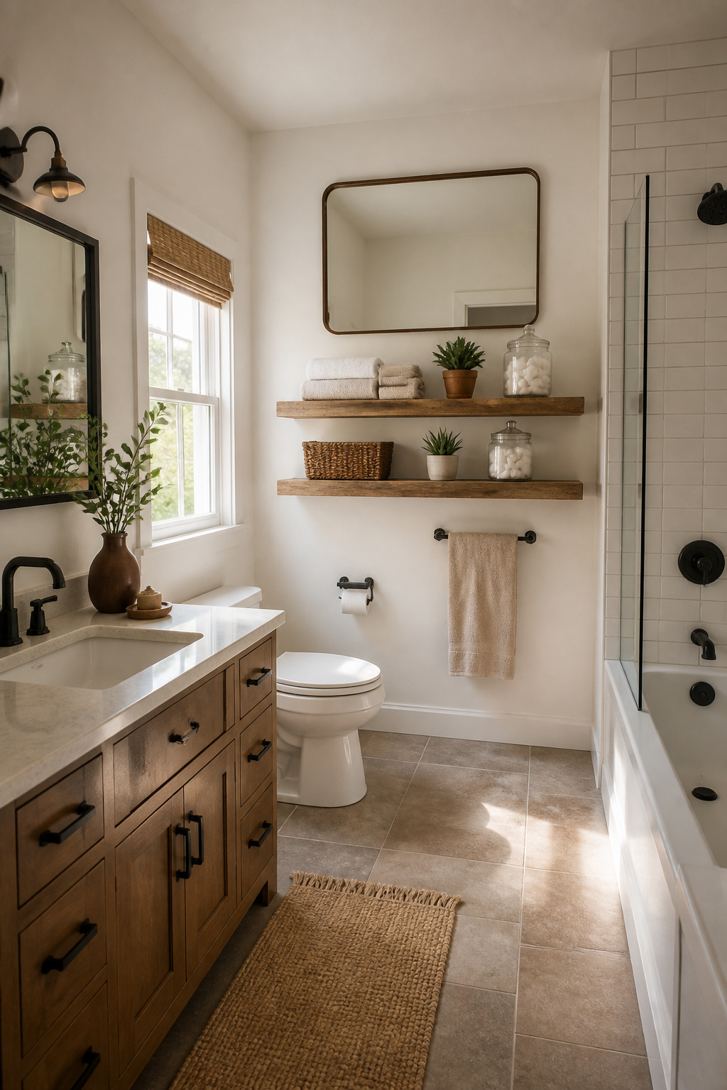 Wall-mounted shelves in a bathroom displaying decorative items.