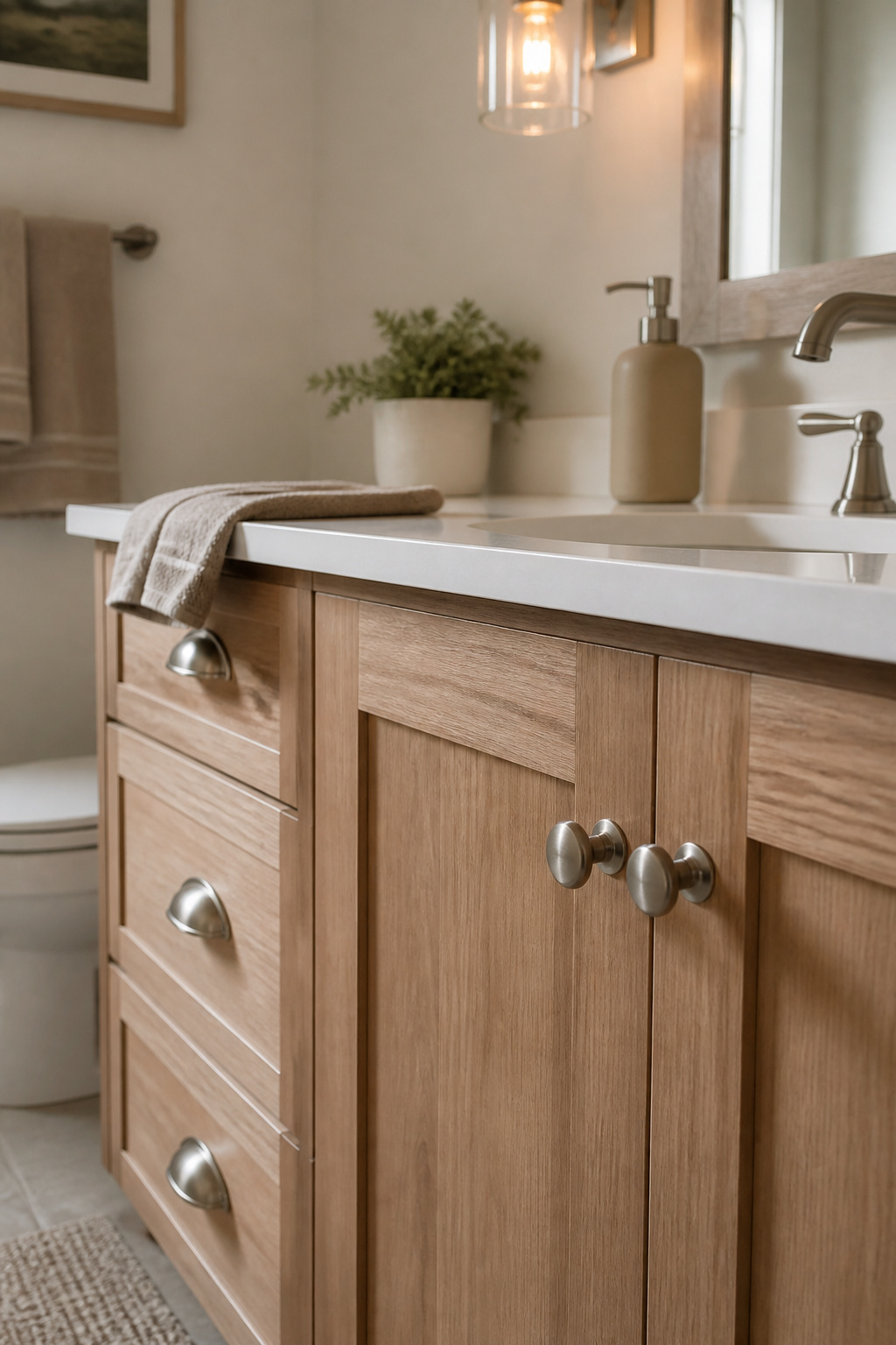 Close-up of brushed nickel cabinet hardware in a bathroom.