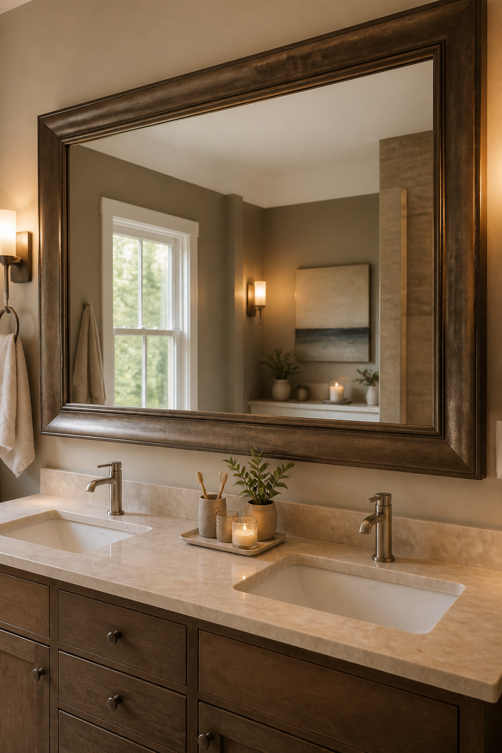 A stylish mirror replacing an old one in a bathroom.