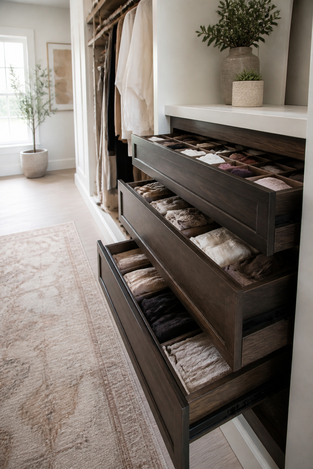 A set of custom drawers with smooth slides in a closet.
