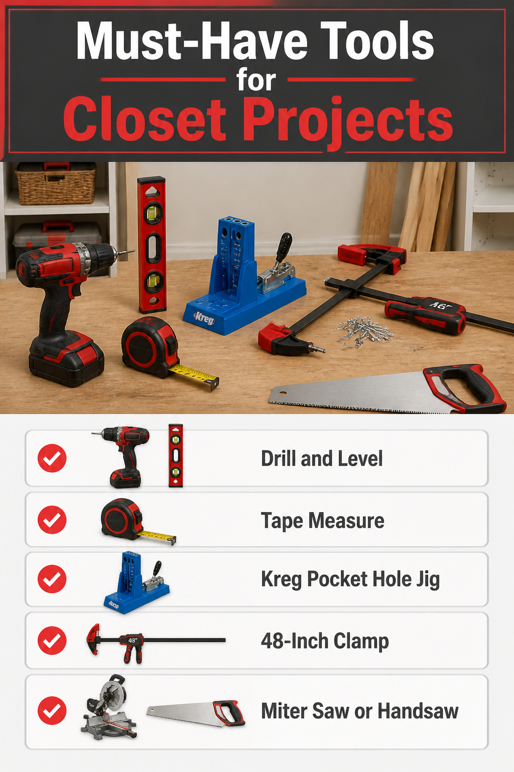A collection of must-have tools for DIY closet projects.