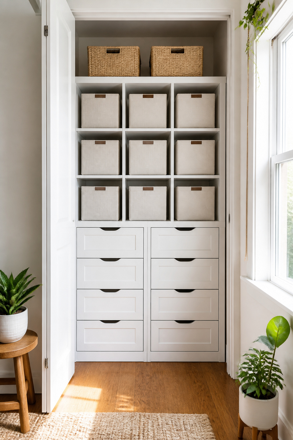 A reach-in closet filled with custom cubby and drawer organizers.