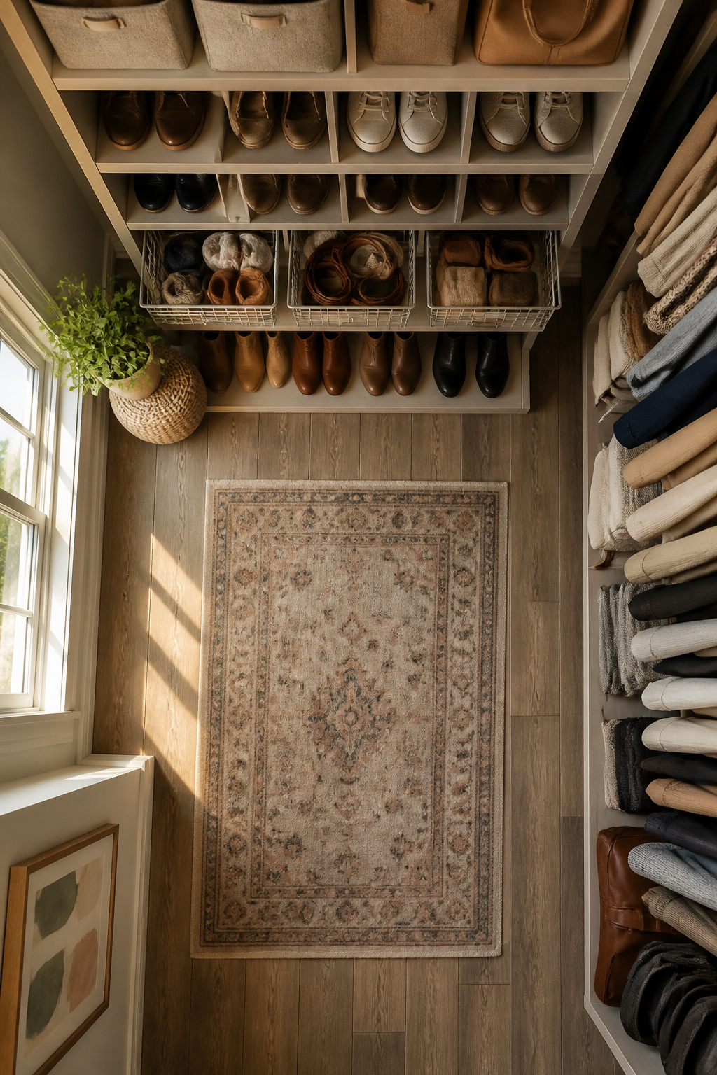 A closet featuring organized storage for shoes and accessories.