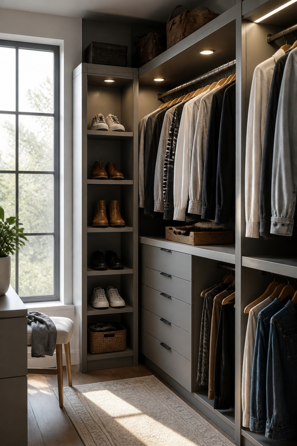 Puck lights installed in a closet illuminate the clothing and shelves.