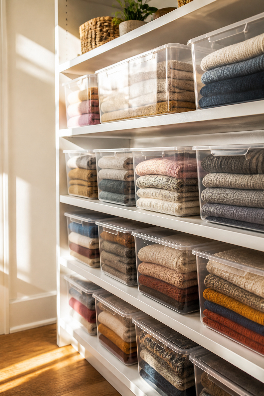 Clear storage bins stacked in a closet holding folded clothing.