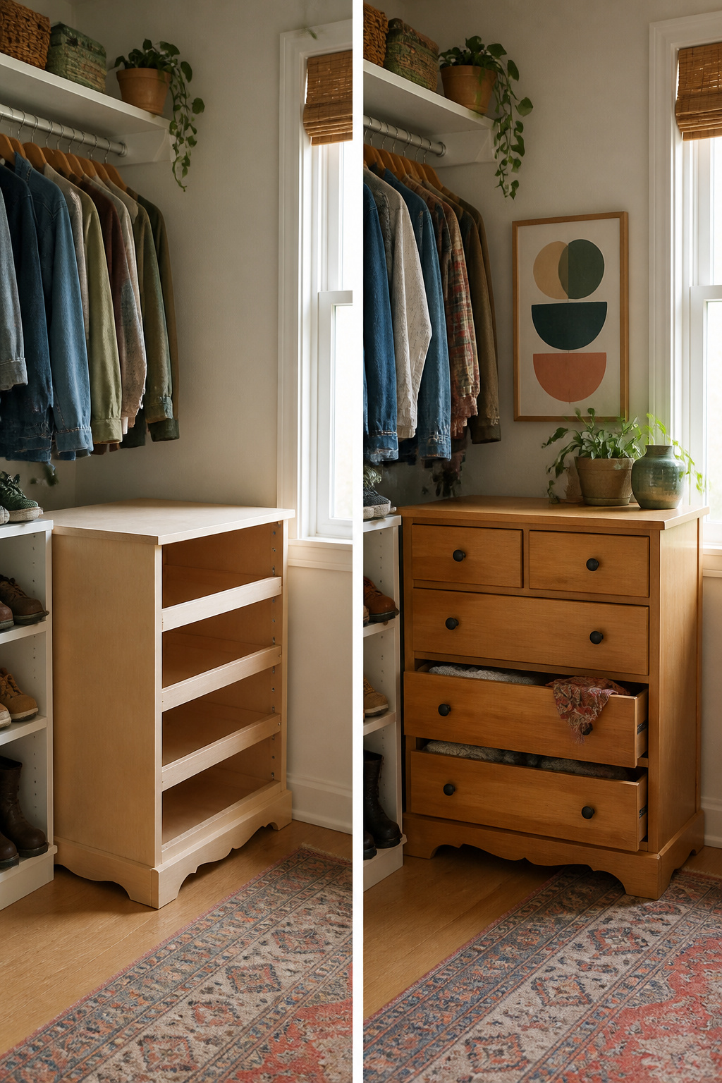 A repurposed dresser used as a storage solution in a closet.