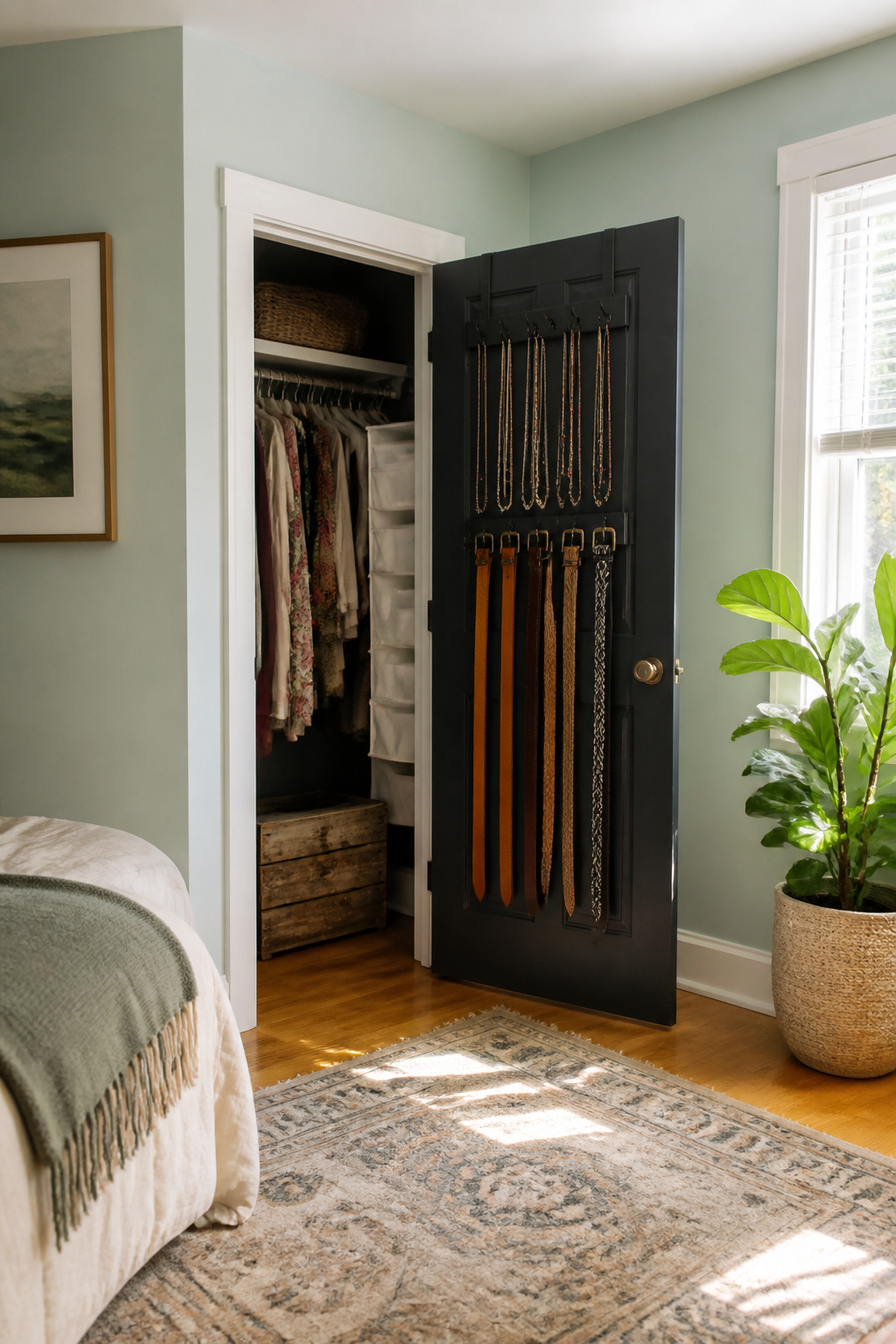 A closet door with a shallow hook rack for organizing accessories.