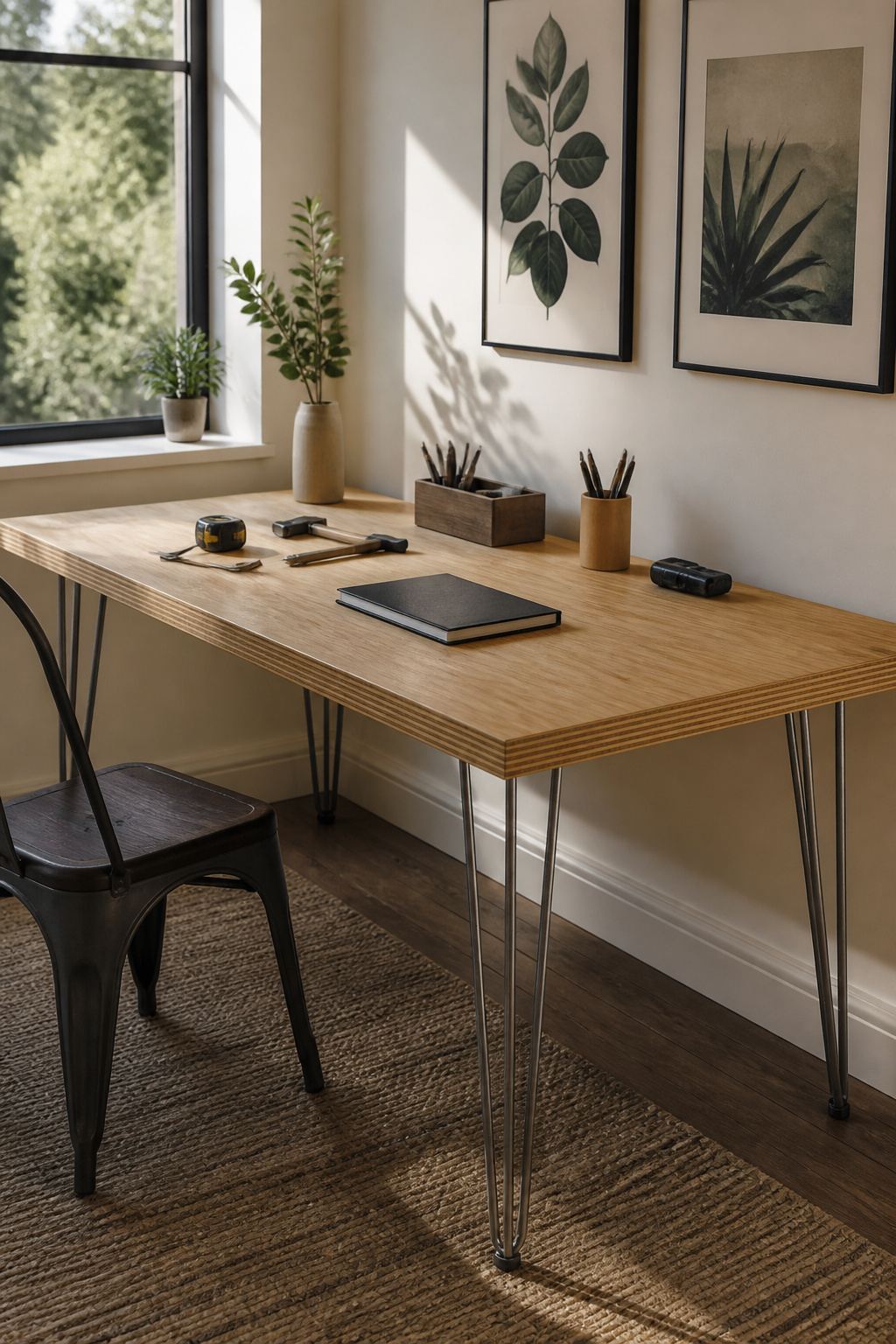 10 DIY Desk Ideas: Build Plans for 2026 1 A simple plywood desk with hairpin legs in a home office.