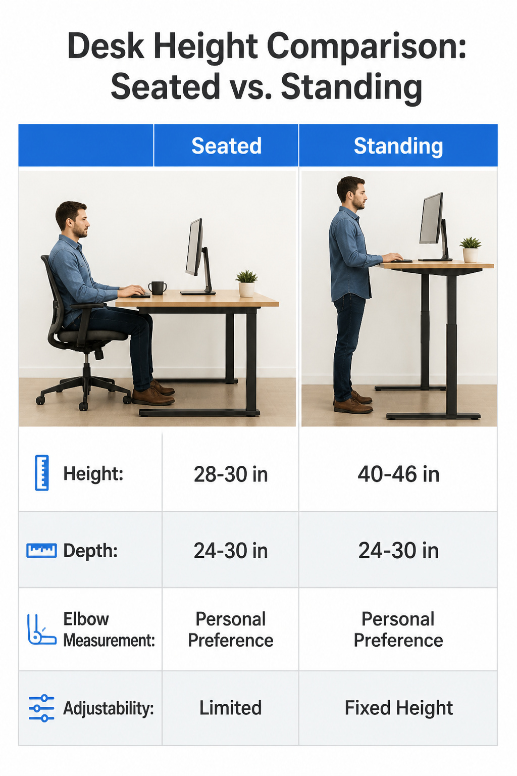 10 DIY Desk Ideas: Build Plans for 2026 13 A chart comparing desk heights for seated and standing users.