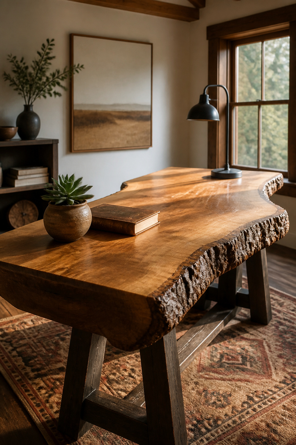 10 DIY Desk Ideas: Build Plans for 2026 9 A live edge desk featuring a slab of wood with natural contours.