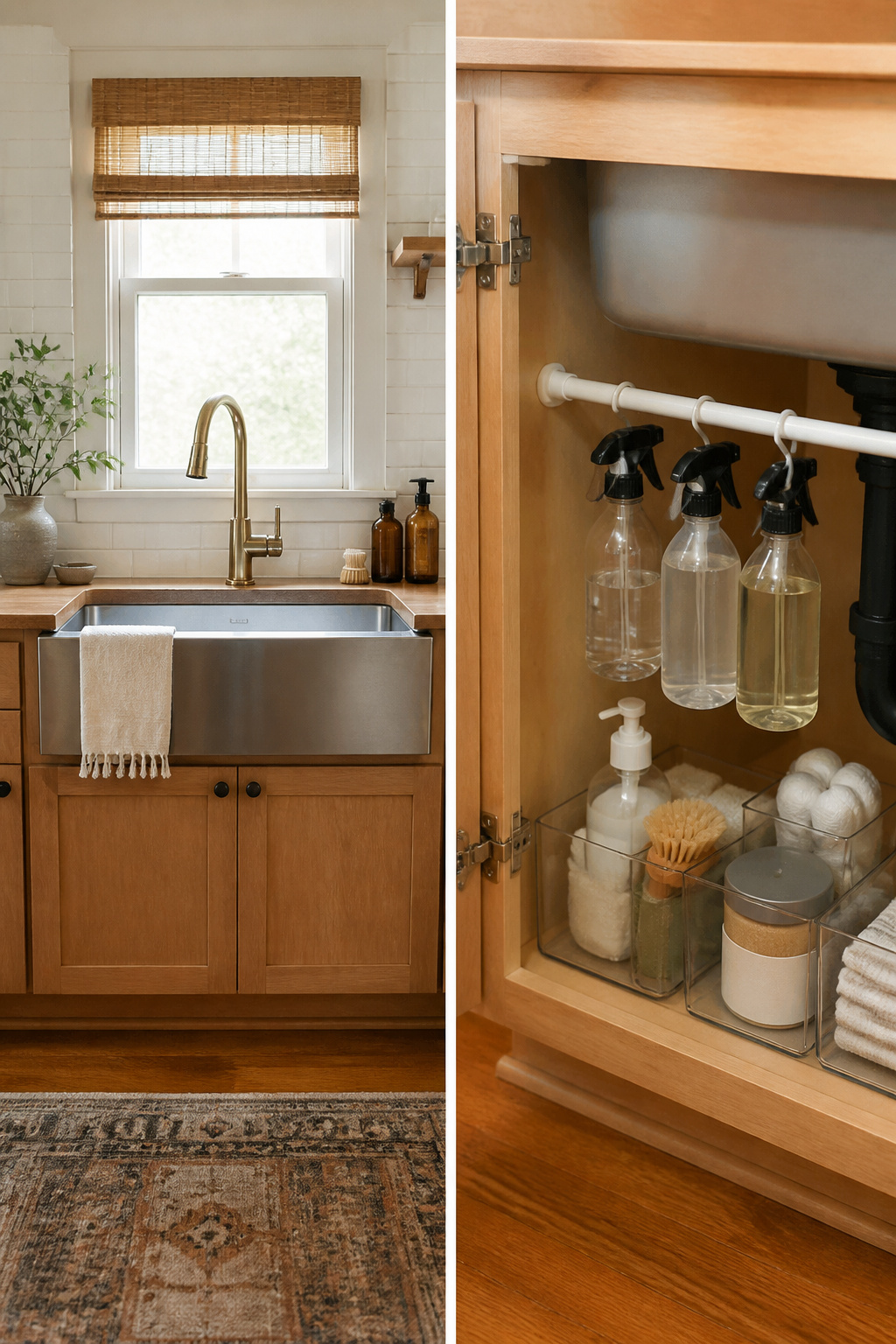 A kitchen faucet in Antique Champagne Bronze with a stainless sink.