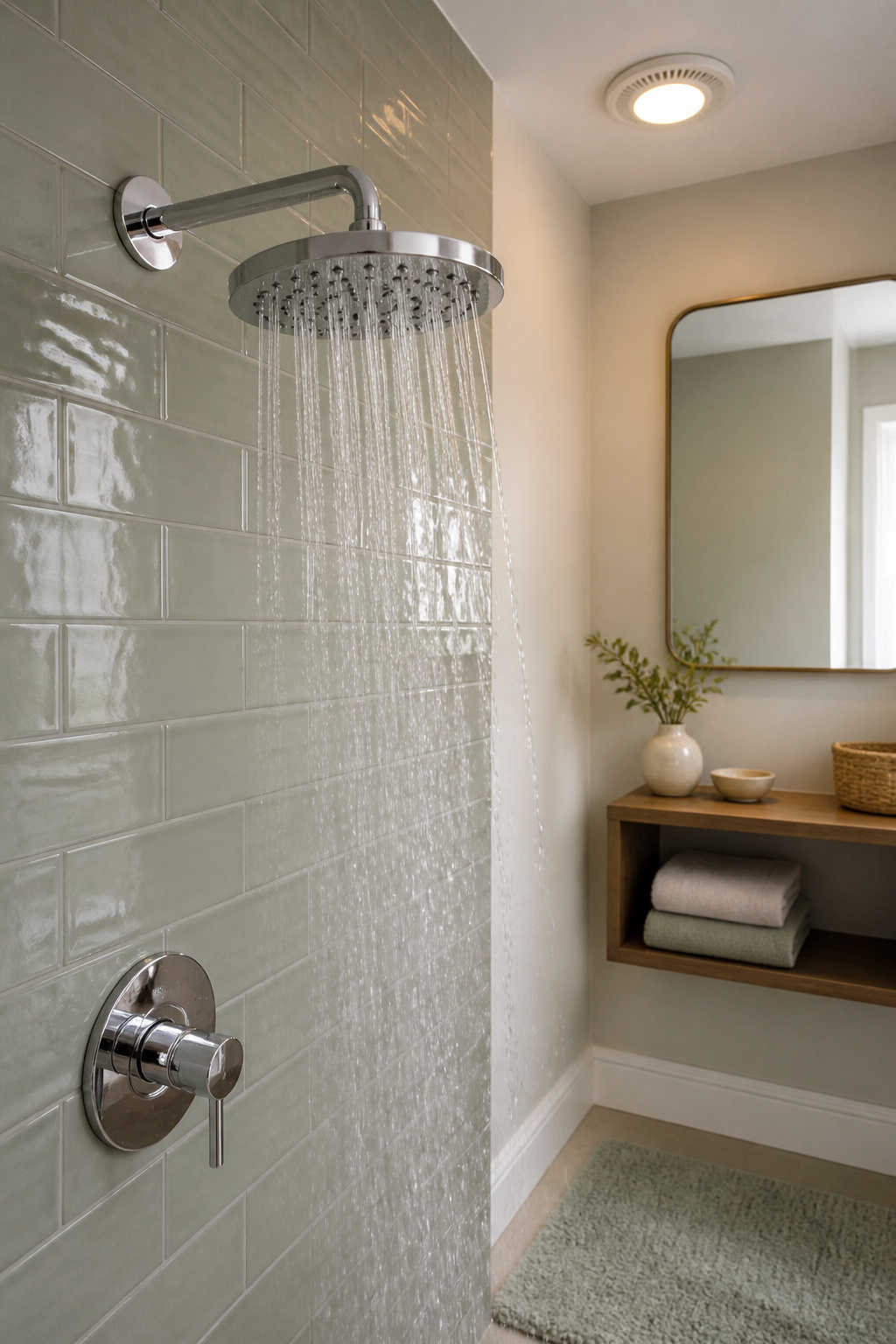 A modern showerhead installed in a bathroom.