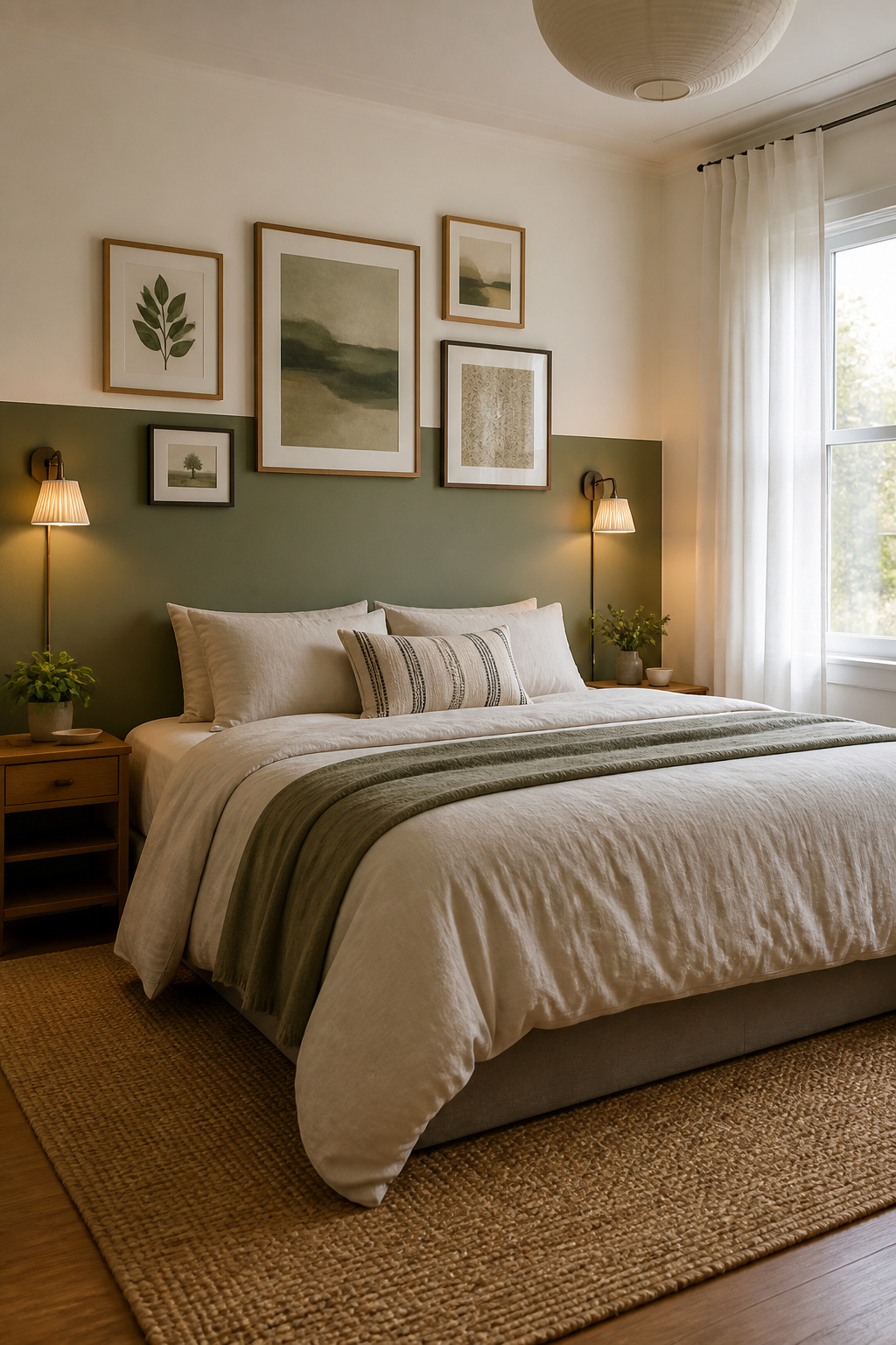 A bedroom with a painted headboard and framed art above the bed.