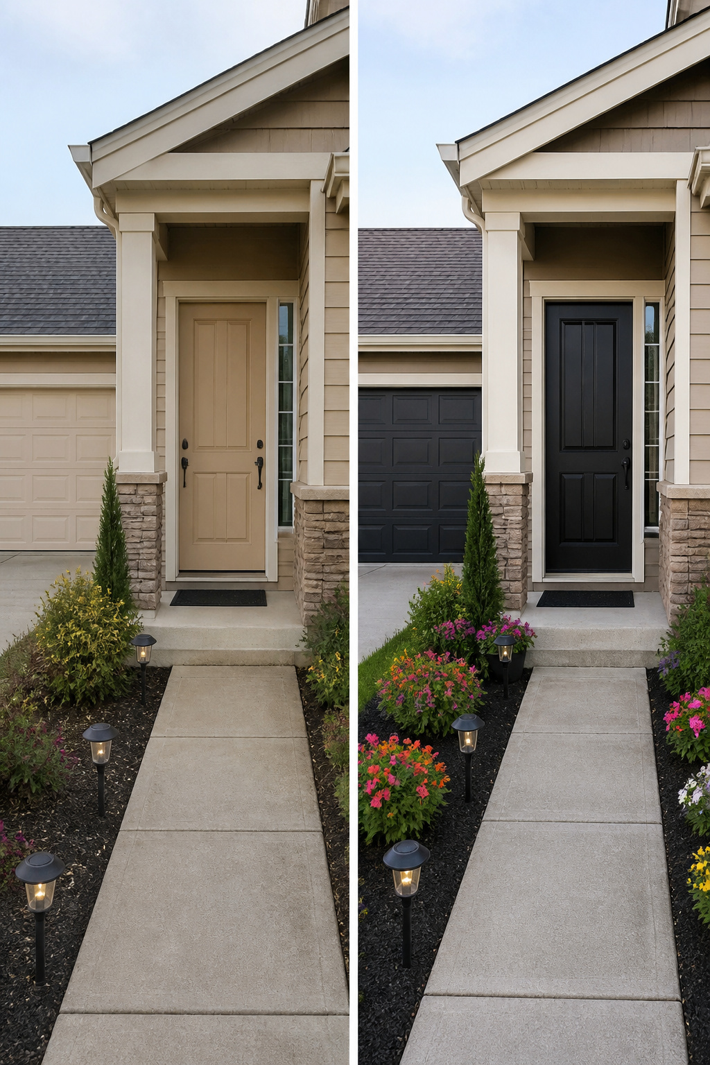 A front door and garage door painted in Tricorn Black.