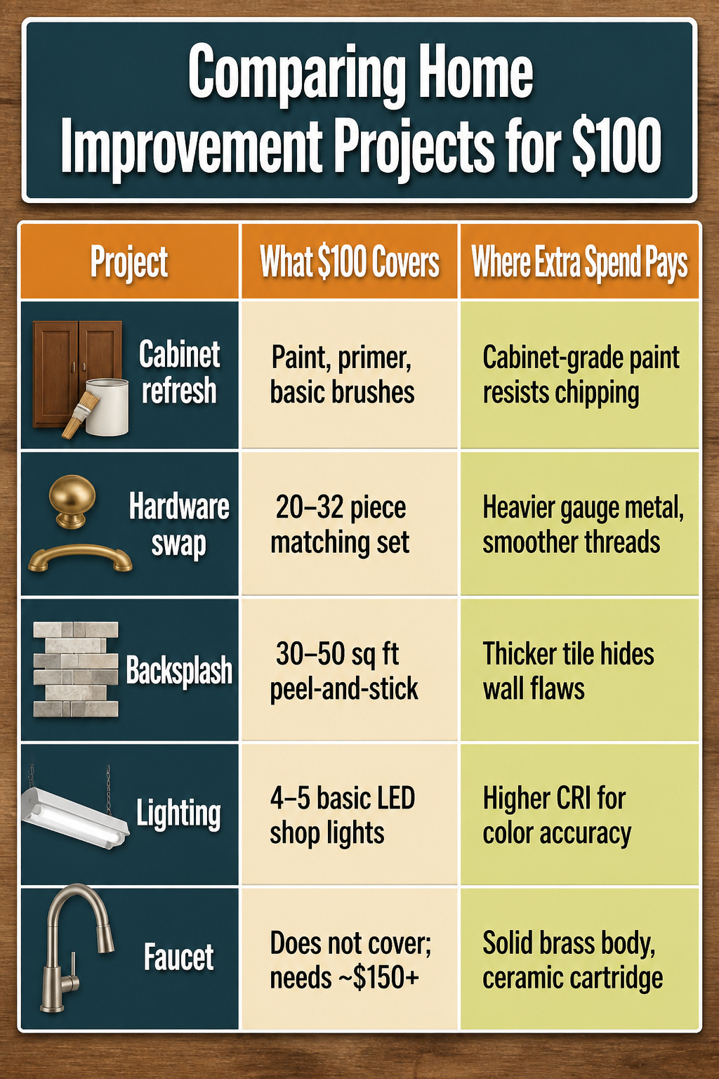 A chart comparing home improvement project costs for $100.