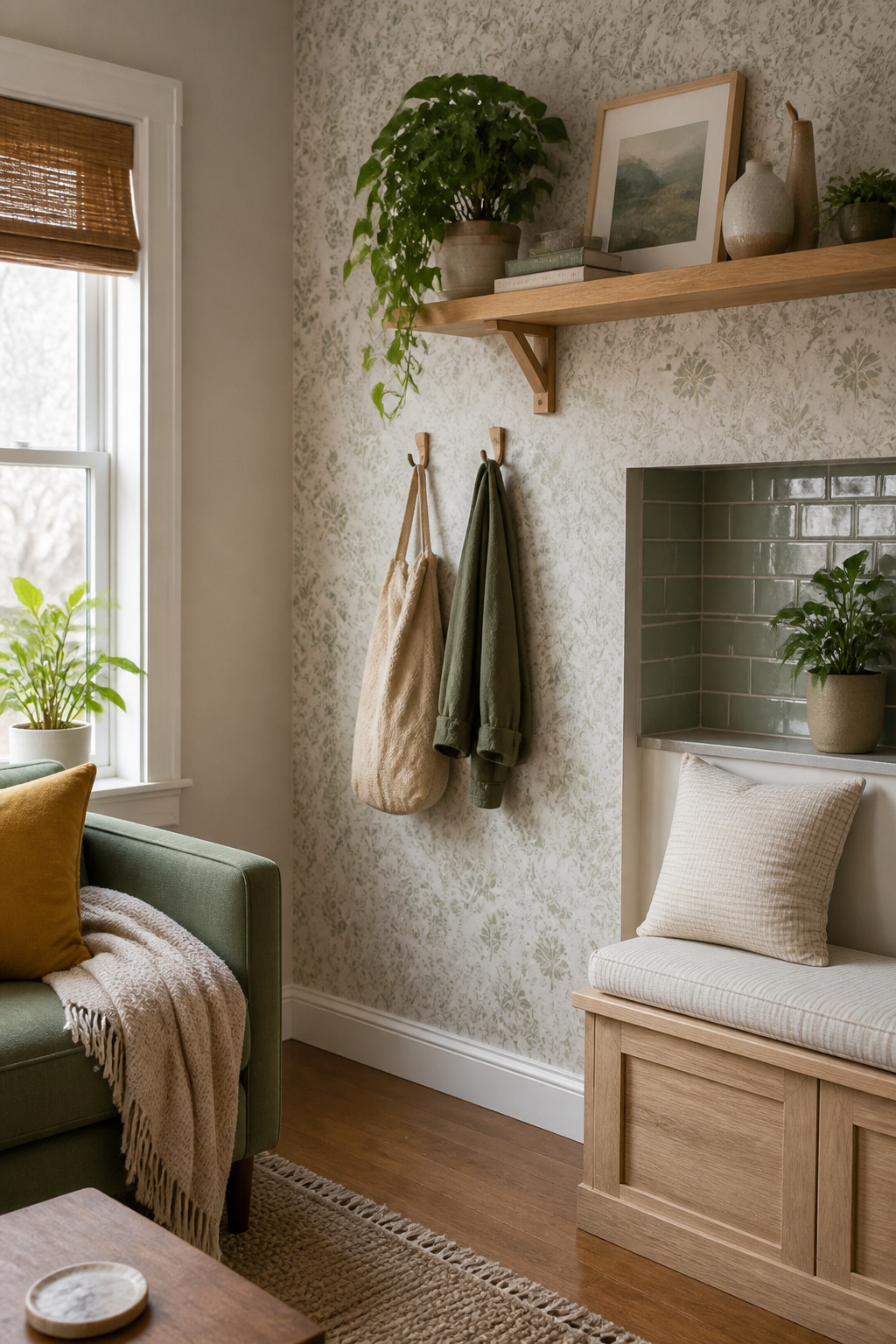 A living room with removable wallpaper and tasteful decor.