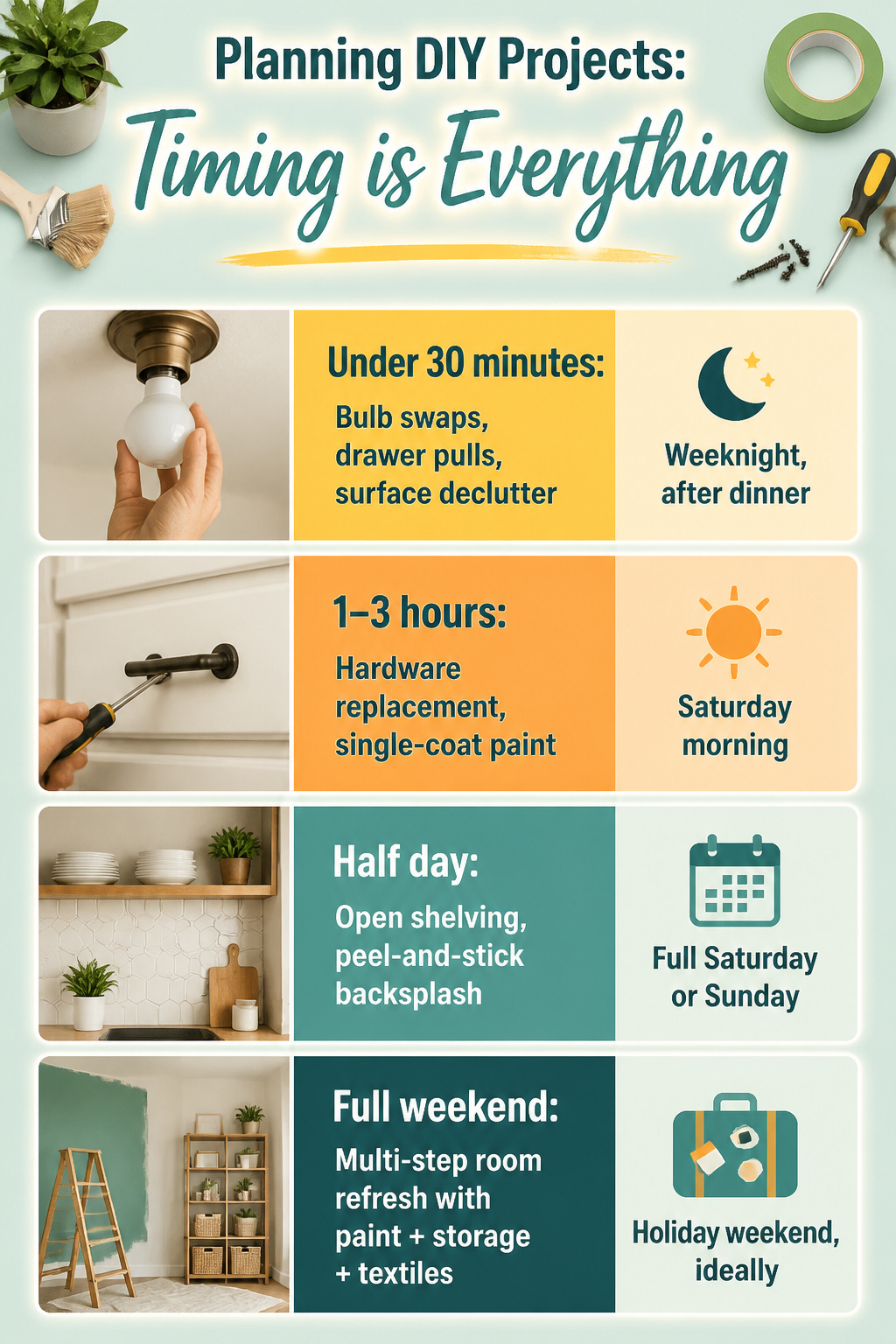 A chart detailing time blocks for various DIY projects.