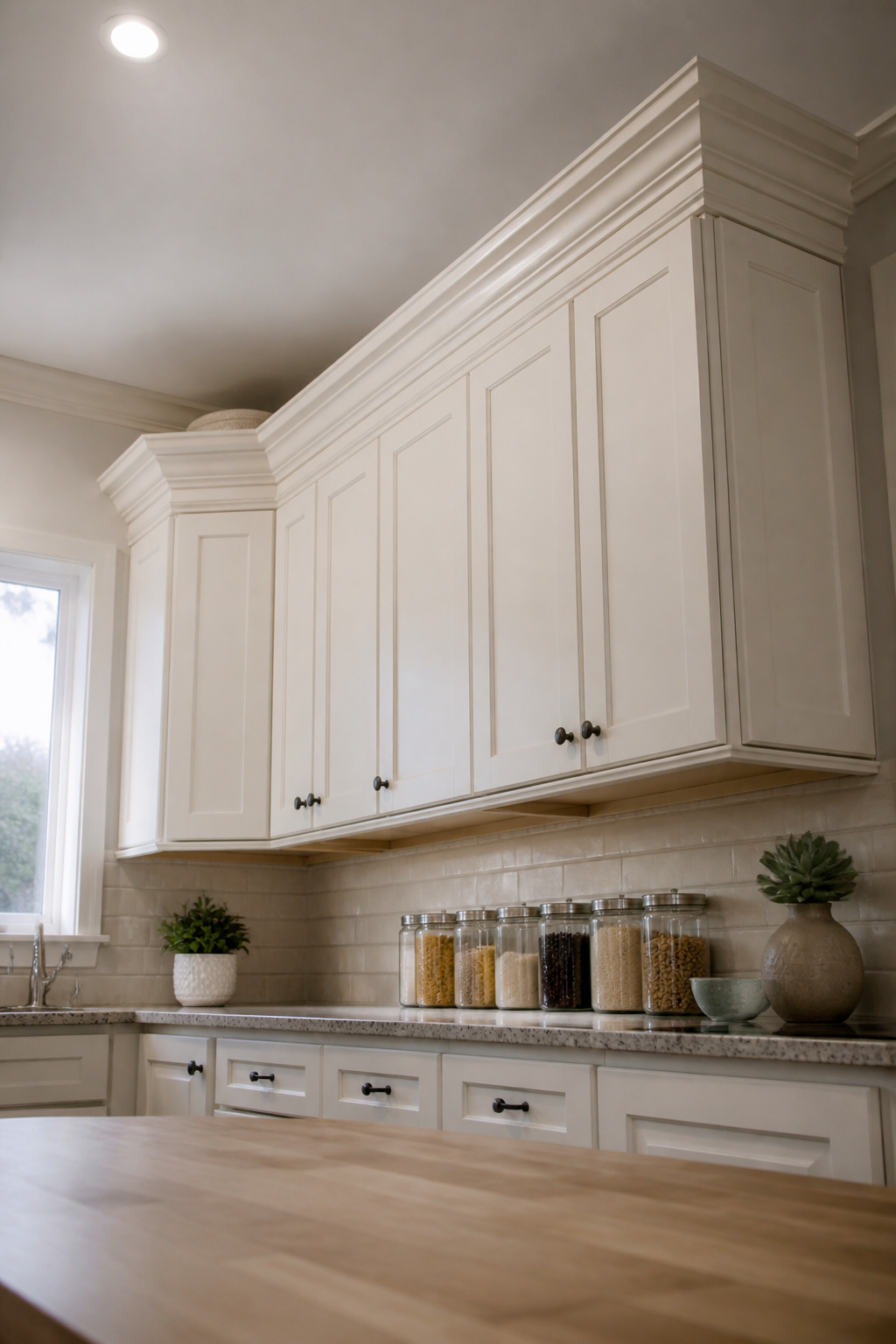 Crown molding installed at the junction of cabinets and ceiling.