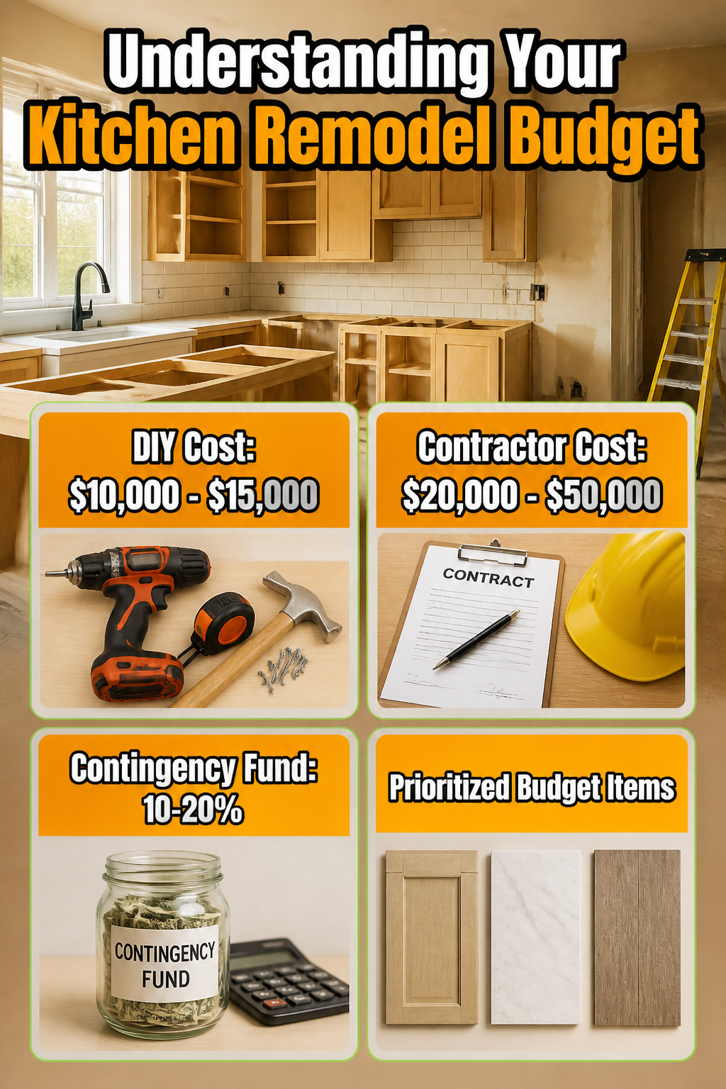 Infographic detailing kitchen remodel budget estimates.