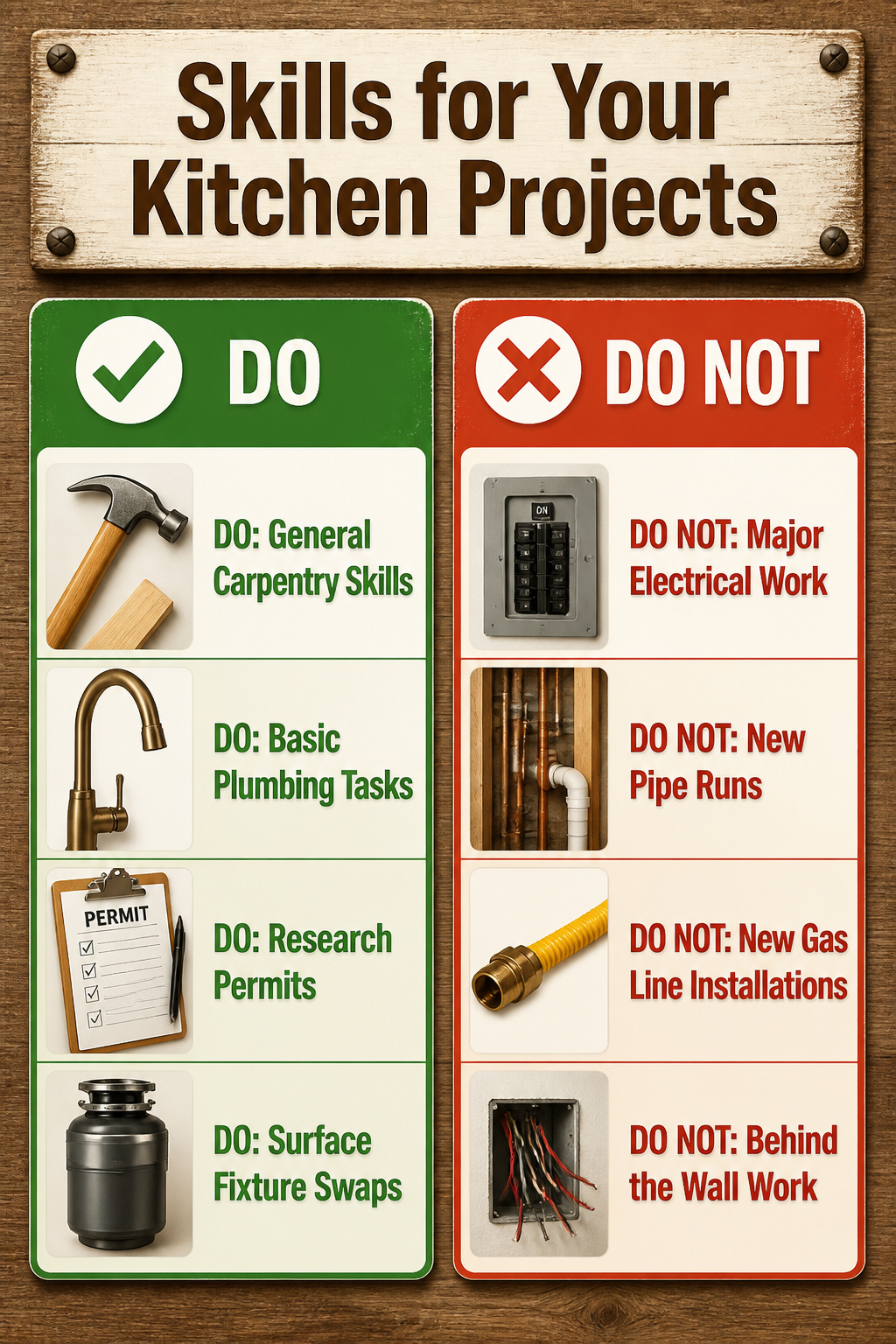 Infographic outlining skills needed for kitchen projects.