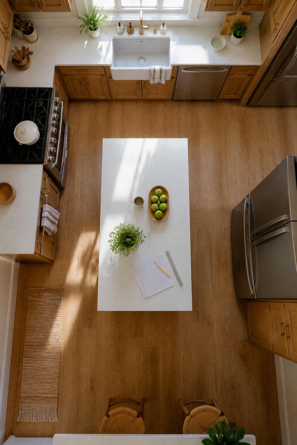 Diagram showing kitchen layout with key distances marked.