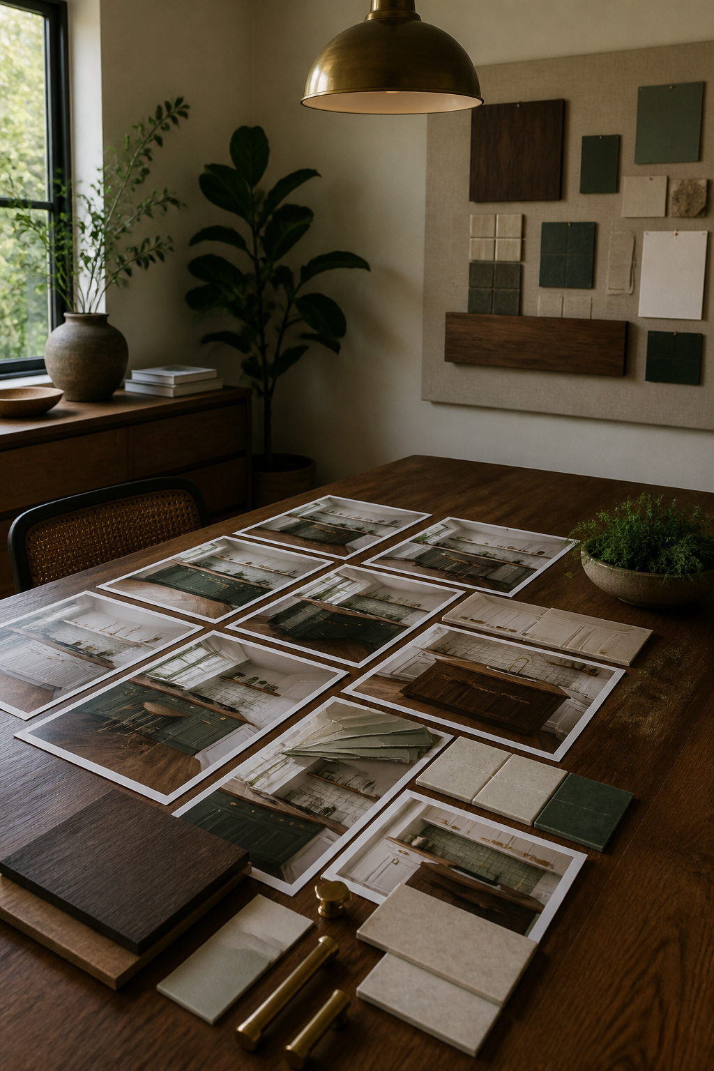 Table with printed kitchen inspiration images and samples.