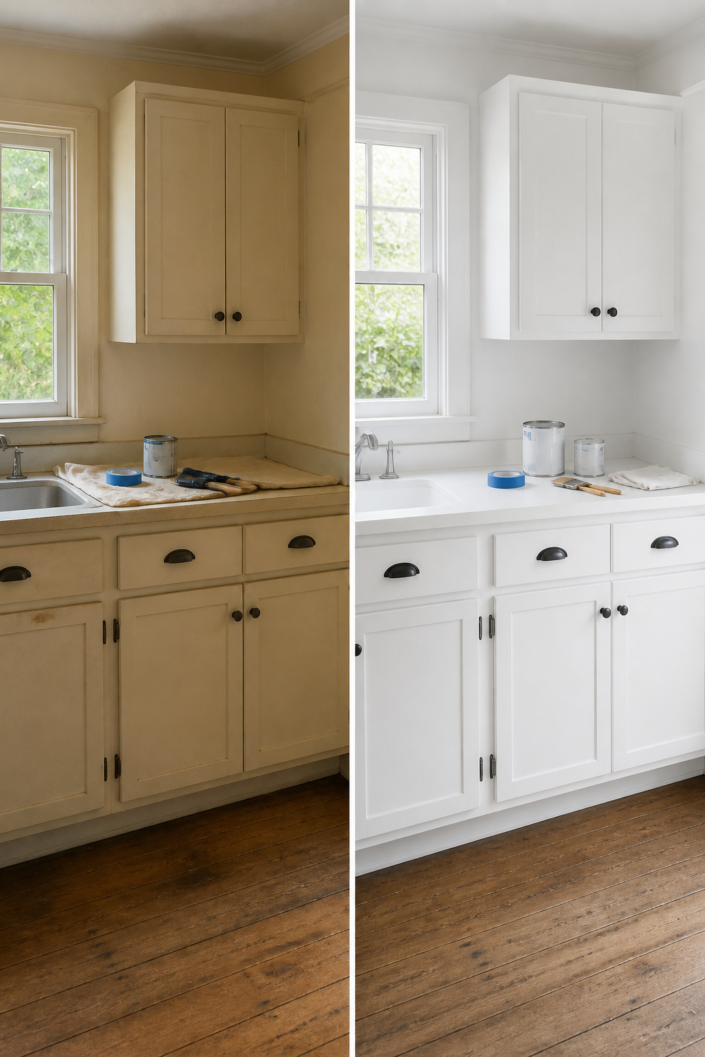 Cans of paint and painted kitchen surfaces in a remodel.