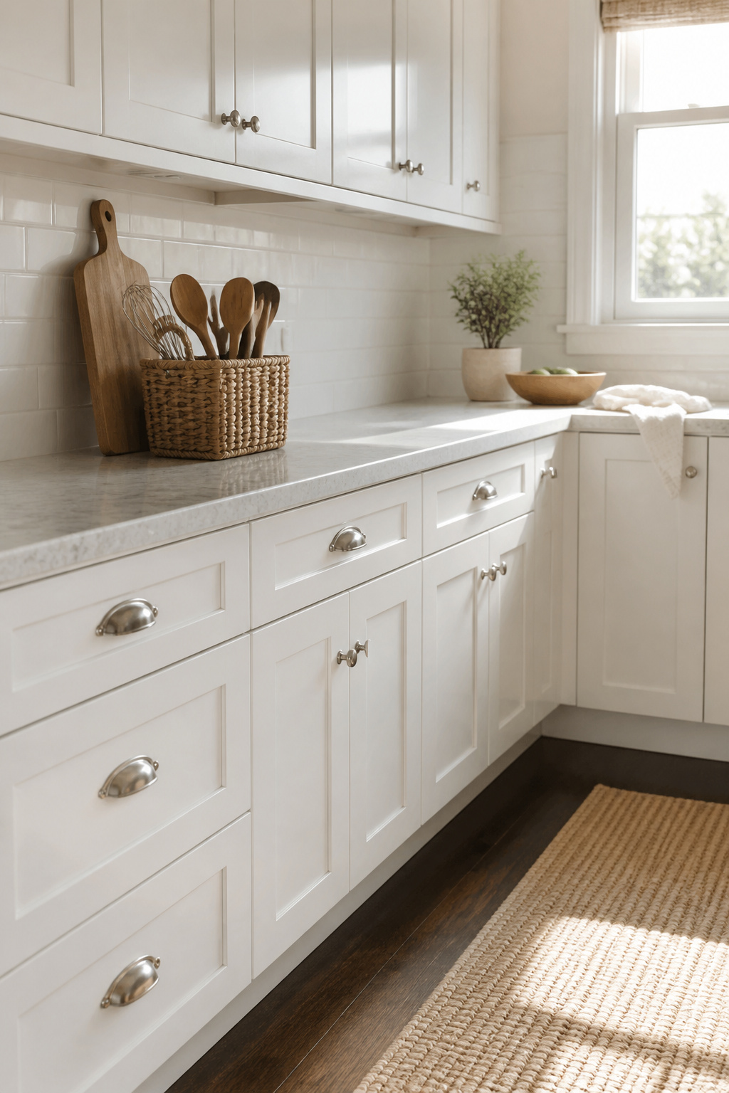 New brushed nickel cabinet pulls and knobs on white cabinets.