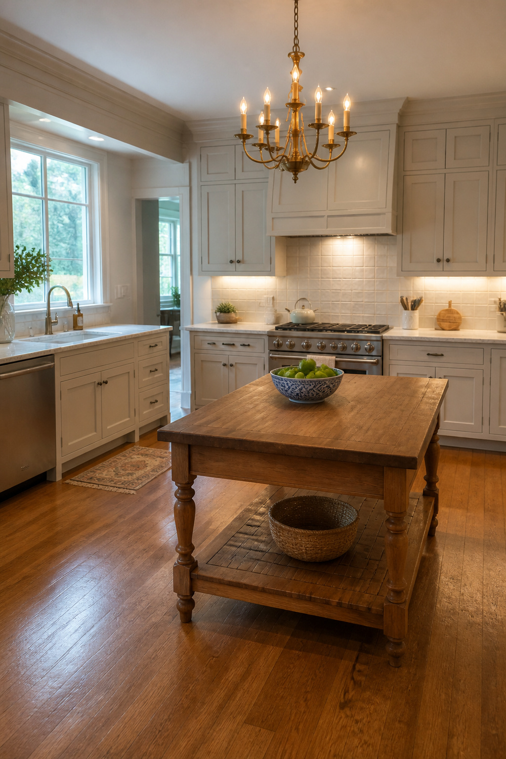 Overhead lighting fixture and under-cabinet strips illuminating the kitchen.