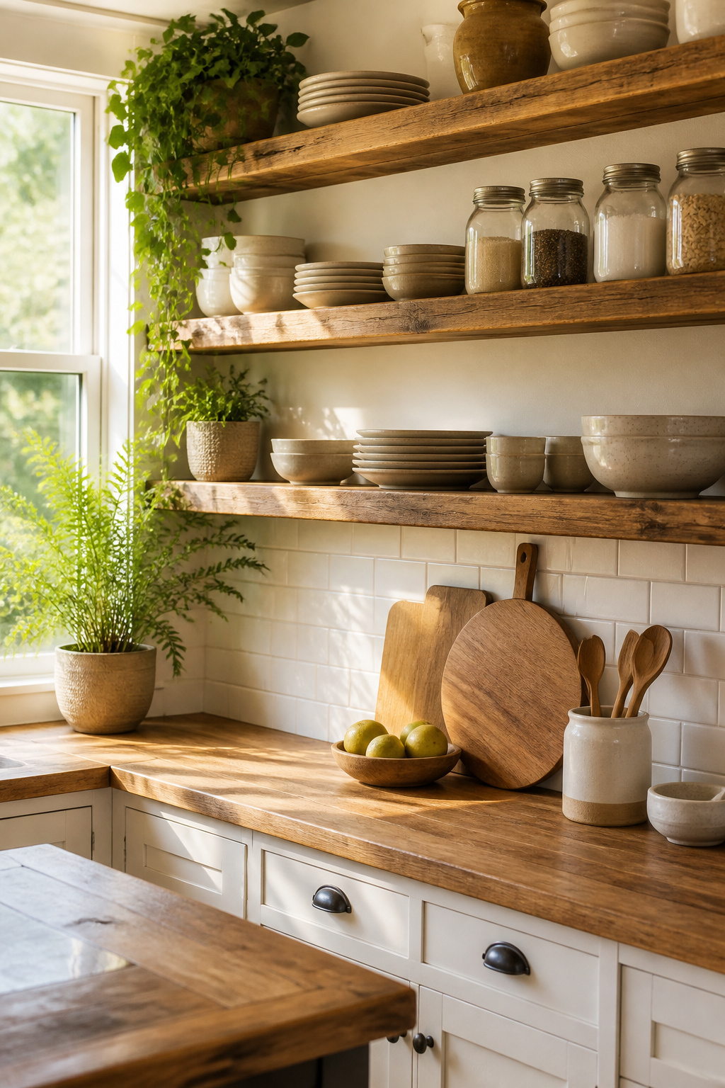 Open shelves installed in place of upper kitchen cabinets.