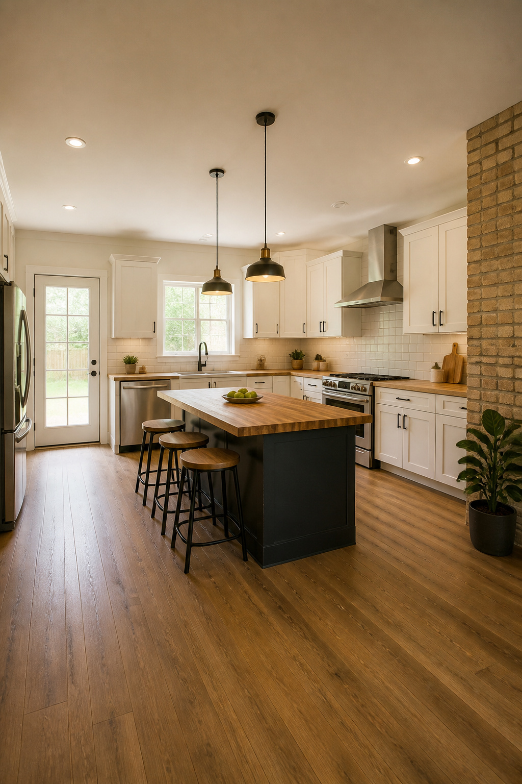 Freestanding kitchen island on casters for flexible use.