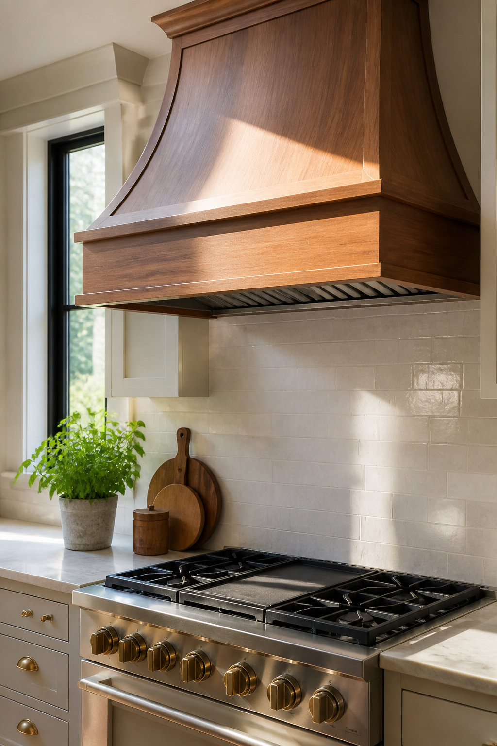 Custom hardwood range hood above a gas stove.