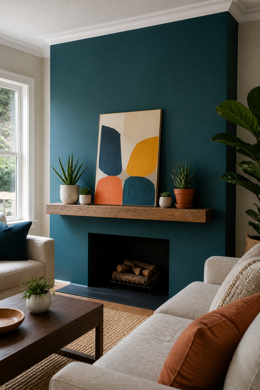 A solid-colored accent wall behind a fireplace.
