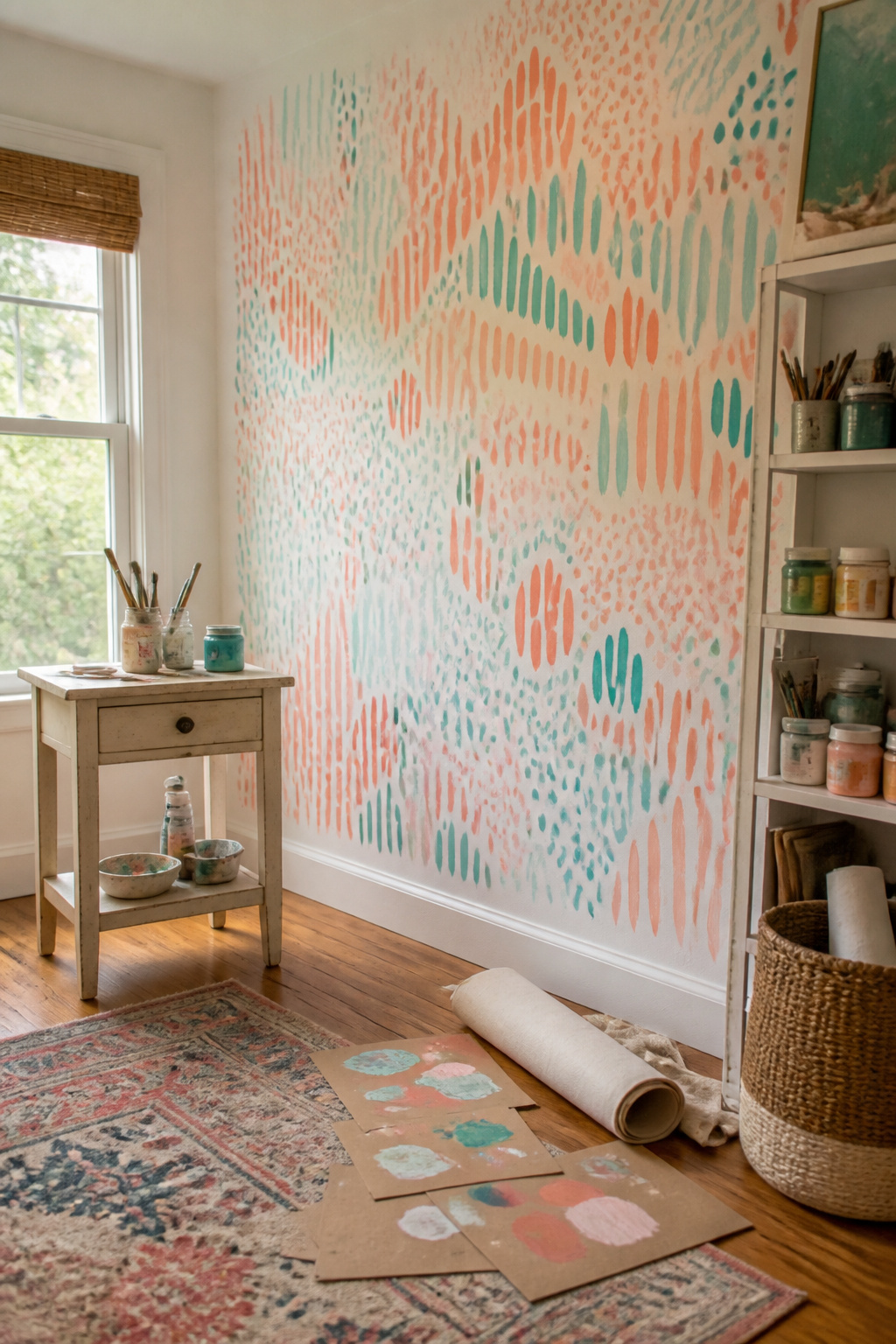 A wall covered in a colorful hand-painted design.