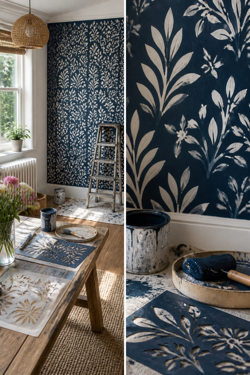 A wall with a stenciled pattern using paint.