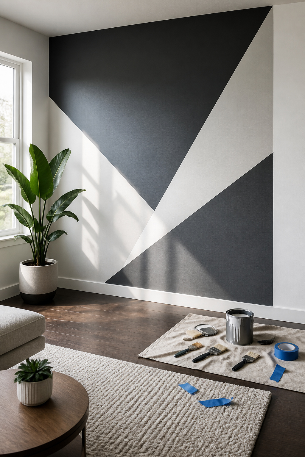 A wall with a geometric pattern painted in charcoal gray and white.
