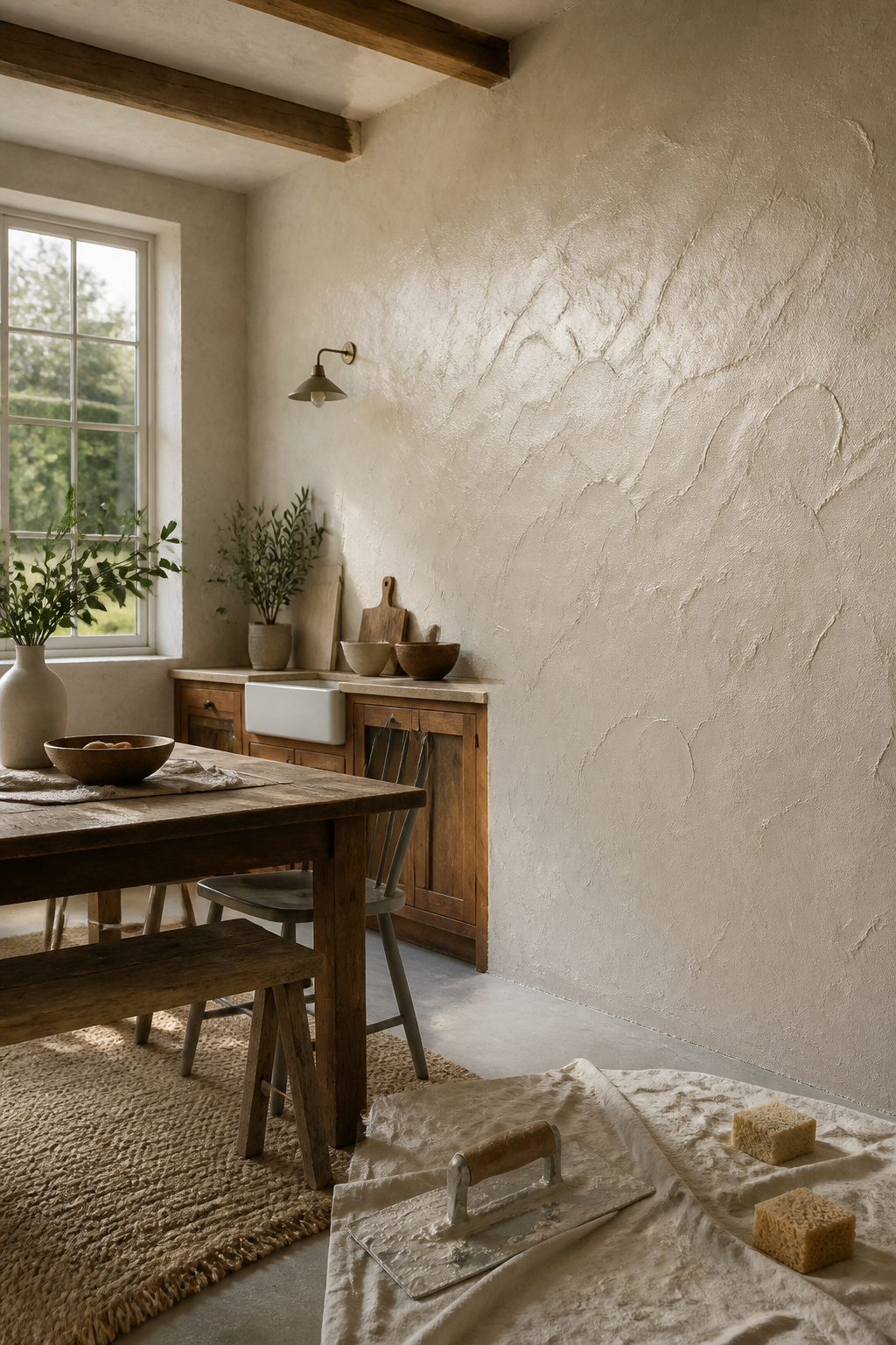 A wall with a three-dimensional textured paint finish.
